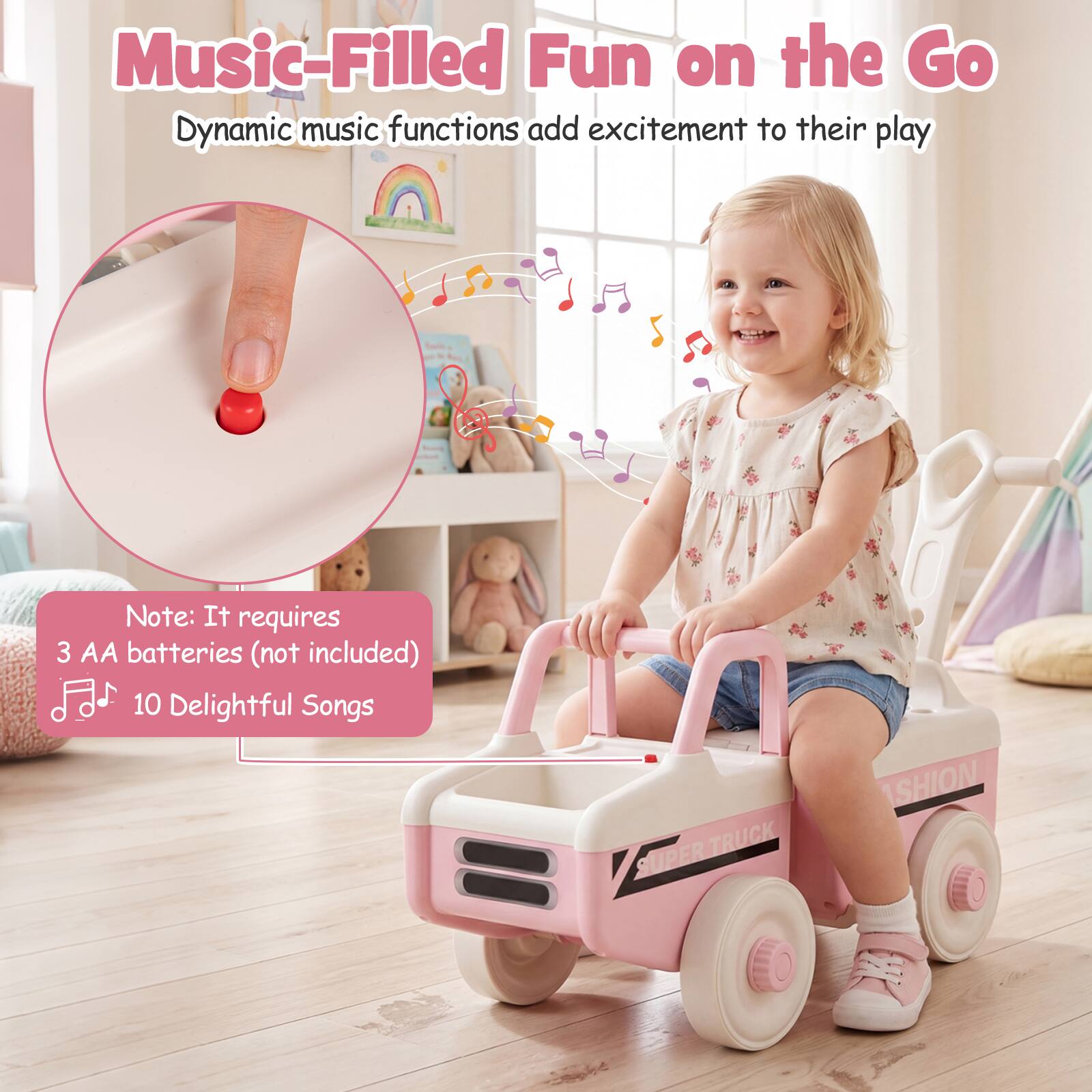 Music-Filled Fun on the Go  
Dynamic music functions add excitement to their play  

Note: It requires 3 AA batteries (not included)  
10 Delightful Songs  

TRUCK SUPER SHION