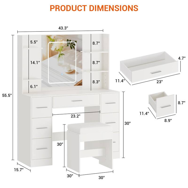 PRODUCT DIMENSIONS

- Overall Height: 55.5"
- Overall Width: 43.3"
- Overall Depth: 30"
- Desk Height: 29.2"
- Drawer Height: 11.4"
- Drawer Width: 23"
- Drawer Depth: 8.7"
- Shelf Height: 8.7"
- Shelf Width: 30"
- Shelf Depth: 8.3"
- Cabinet Height: 15.7"
- Cabinet Width: 30"
- Cabinet Depth: 8.9"
- Drawer Front Height: 4.7"
- Drawer Front Width: 23"
- Drawer Front Depth: 8.7"