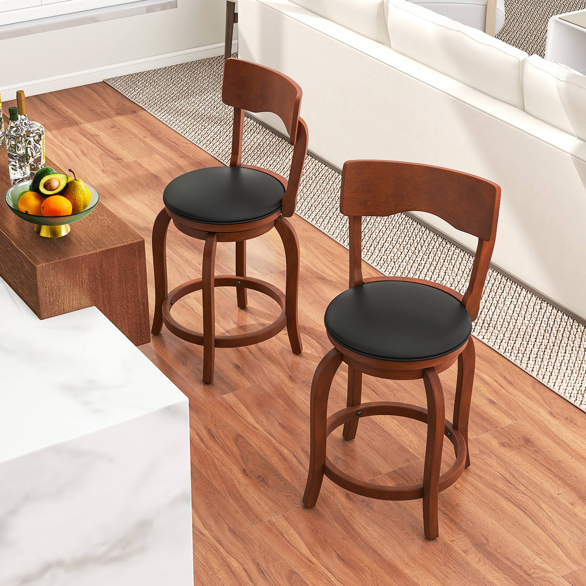 Alt View 4. Gymax - Gymax 24'' Swivel Bar Stools Set of 4 w/ Rubber Wood Frame Upholstered Seat Footrest - Brown, Black.