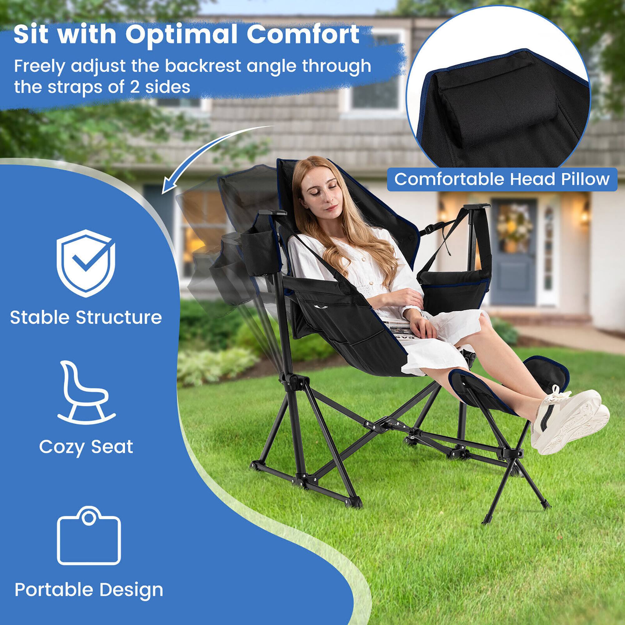 Sure, here is the corrected and grouped text from the image:

---

**Sit with Optimal Comfort**

- Freely adjust the backrest angle through the straps of 2 sides

**Comfortable Head Pillow**

**Stable Structure**

**Cozy Seat**

**Portable Design**

---