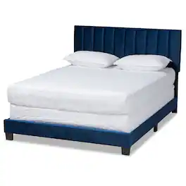 Baxton Studio - Clare Glam and Luxe Velvet Fabric Upholstered Panel Bed with Channel Tufted Headboard - Navy Blue/Black