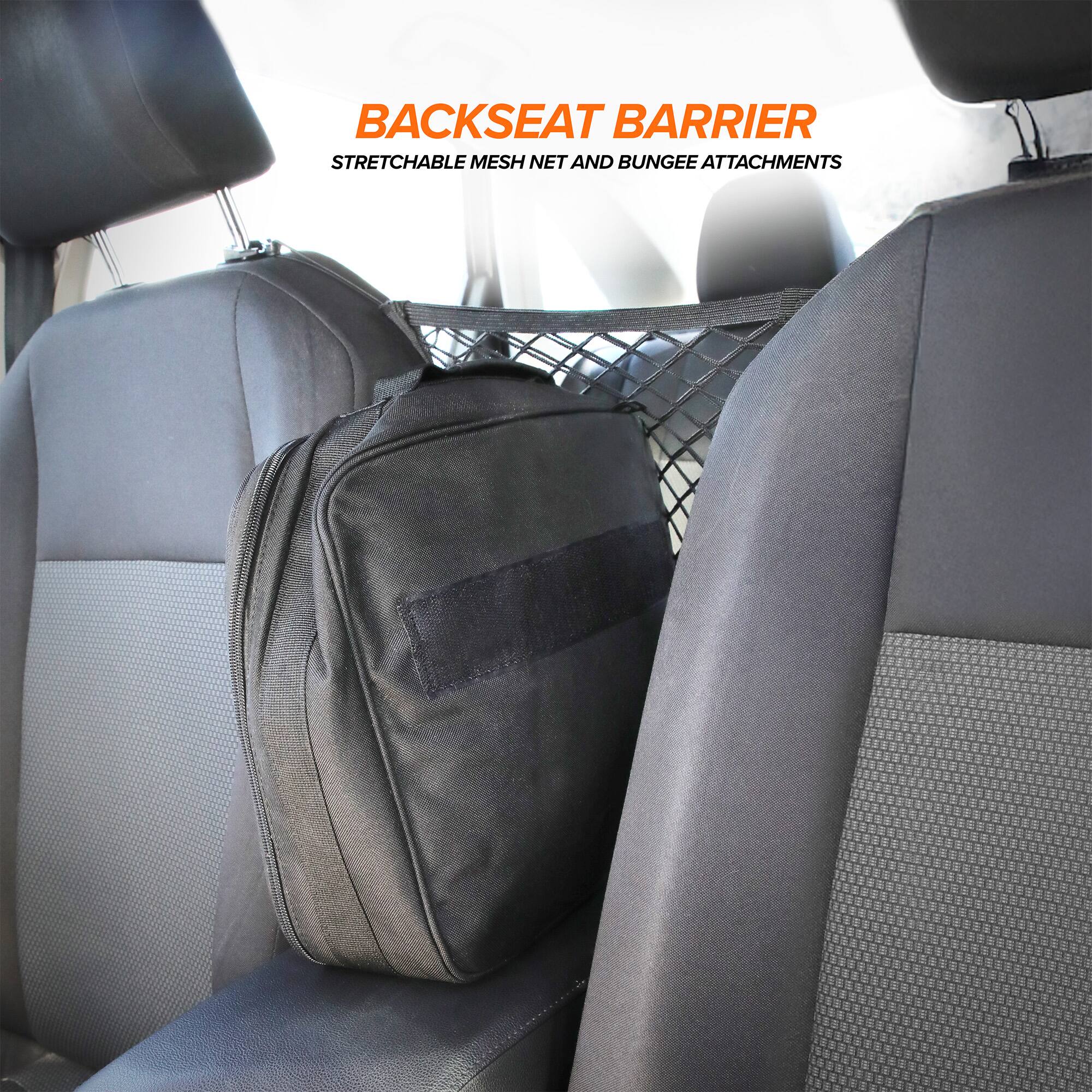 BACKSEAT BARRIER  
STRETCHABLE MESH NET AND BUNGEE ATTACHMENTS