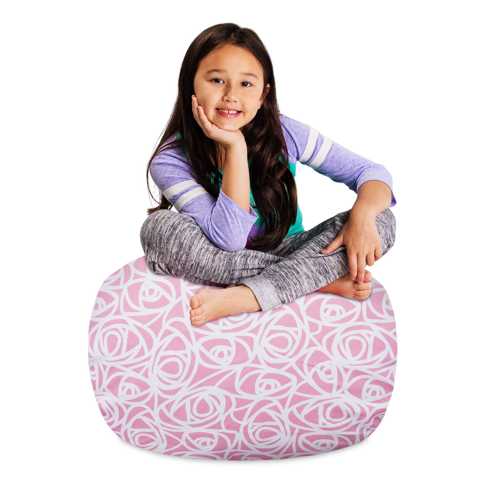 JETRANSPORT - Stuffable Stuffed Animal Storage Bean Bag Chair Cover - Organizer Large 38" Canvas Stripes Gray And - Canvas Roses Pink 27in Medium