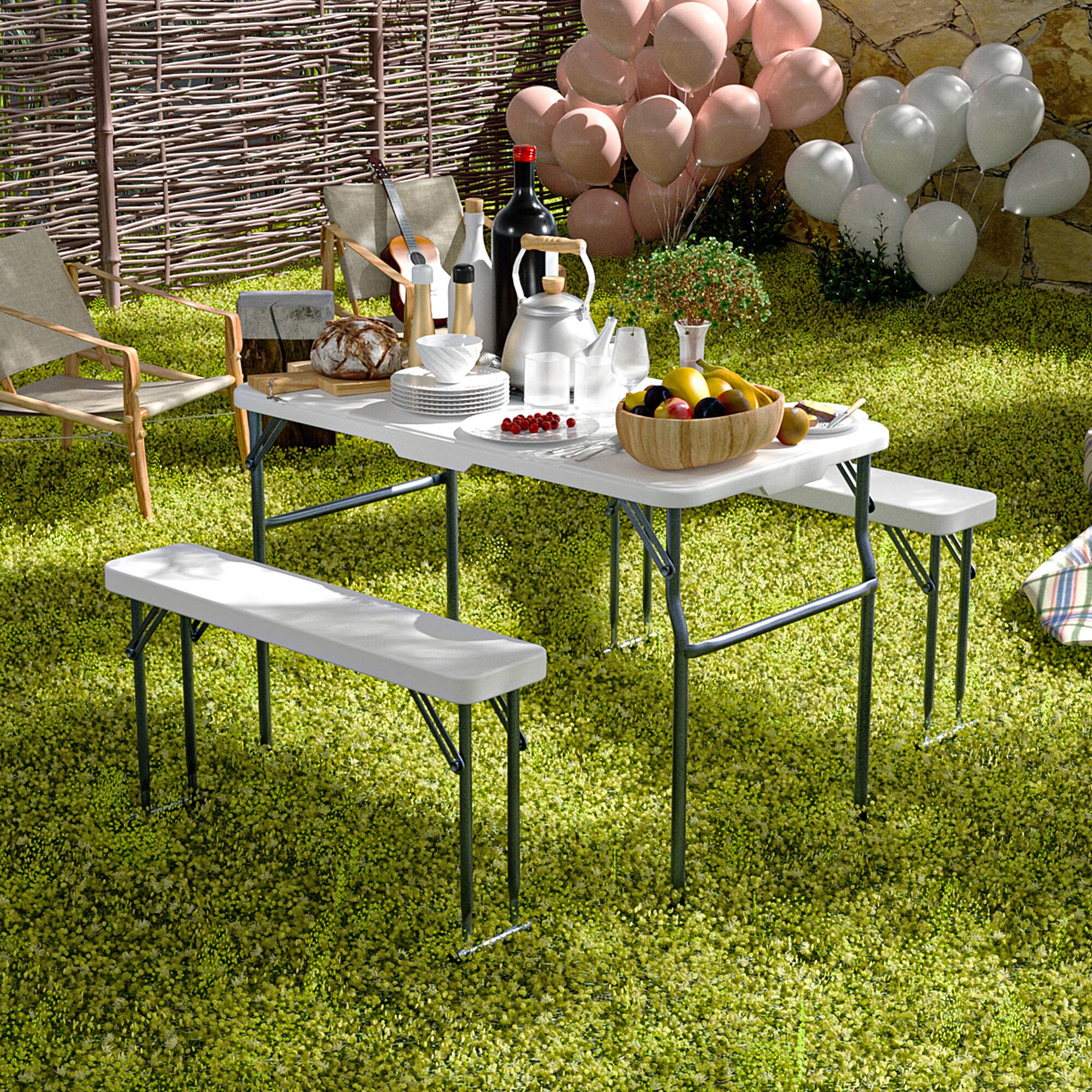 Angle. Decksplore - Portable Folding Camping RV Picnic Table and Bench Set - White.