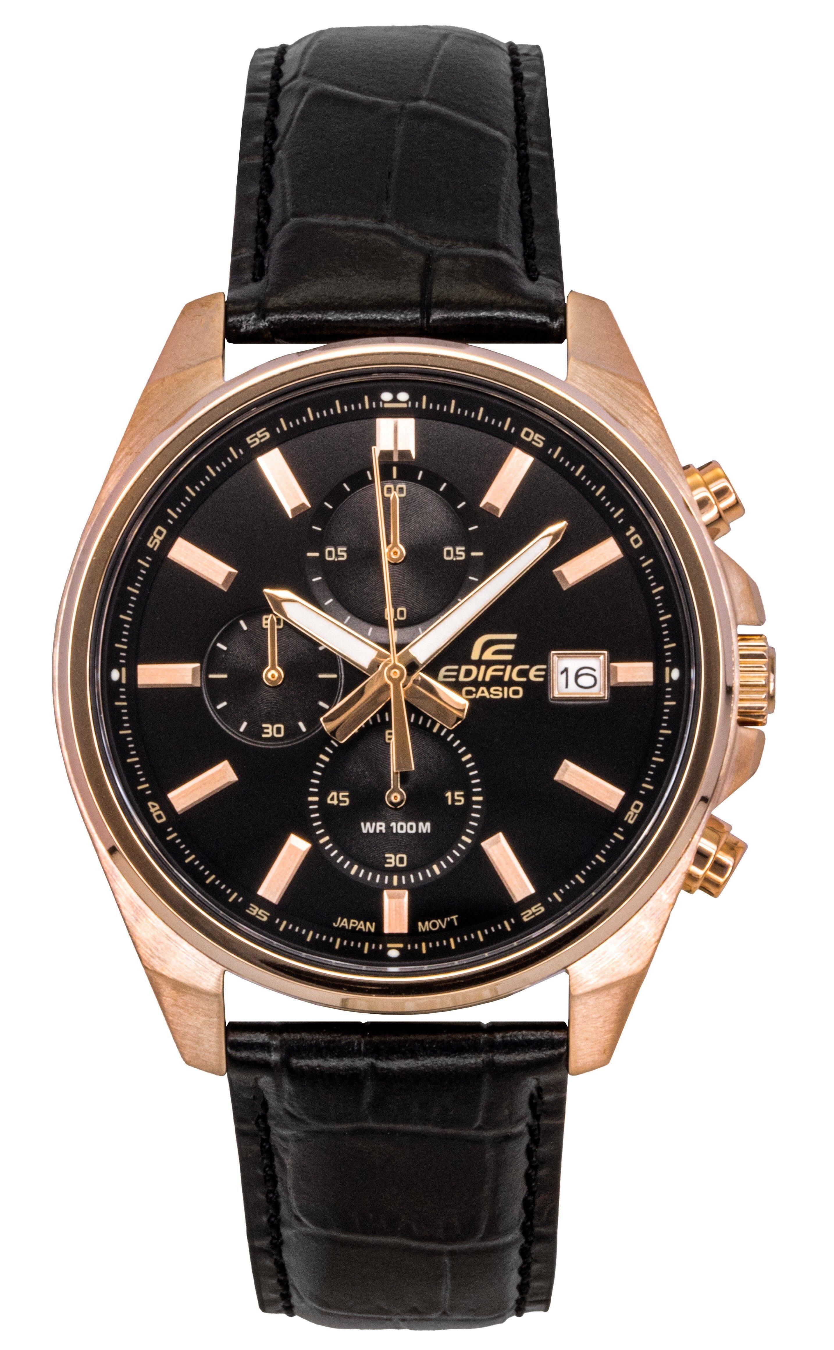 Casio - Edifice Analog Chronograph Leather Strap Black Dial Quartz EFV-610ECL-1A 100M Men's Watch - Black and Rose gold