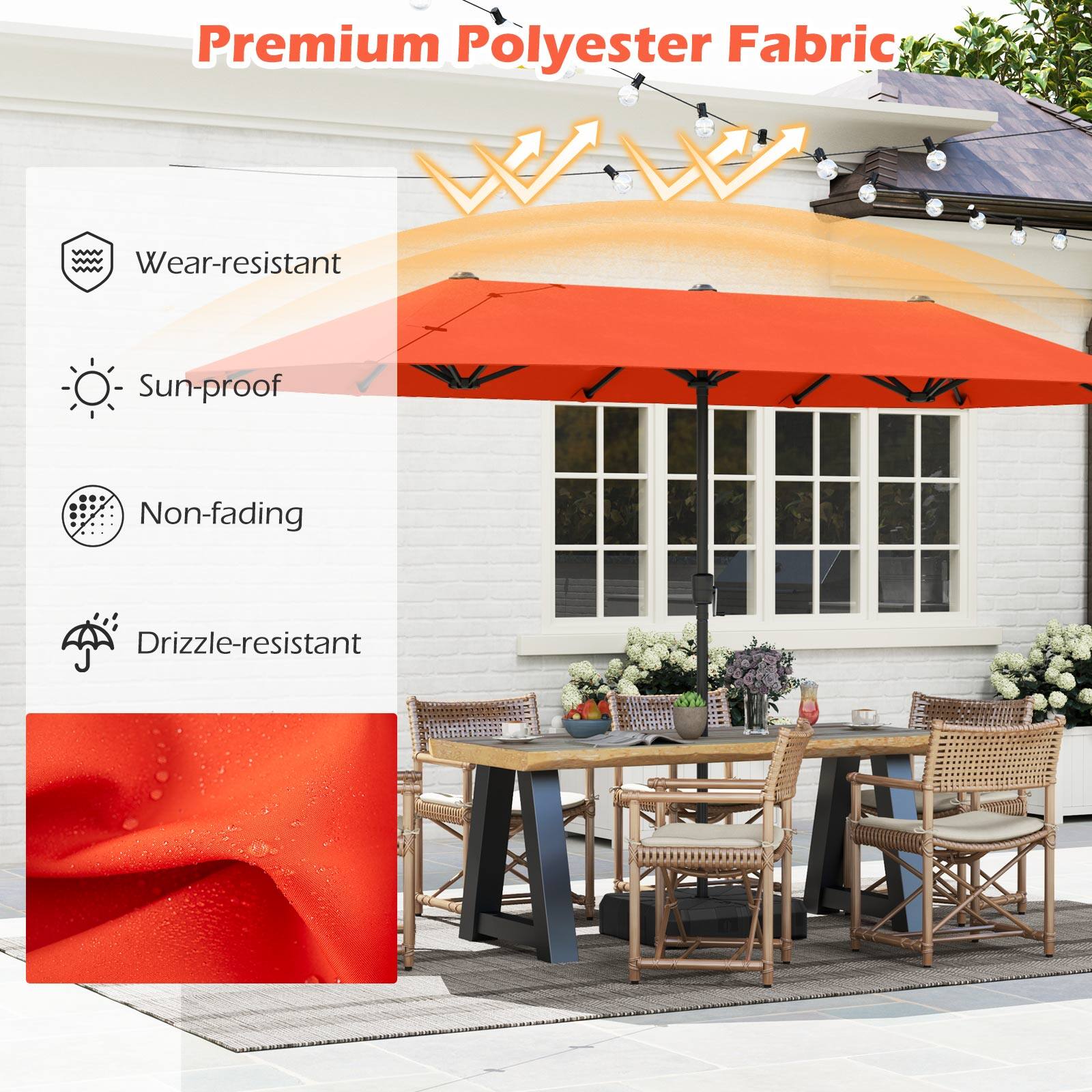 Premium Polyester Fabric
Wear-resistant
Sun-proof
Non-fading
Drizzle-resistant