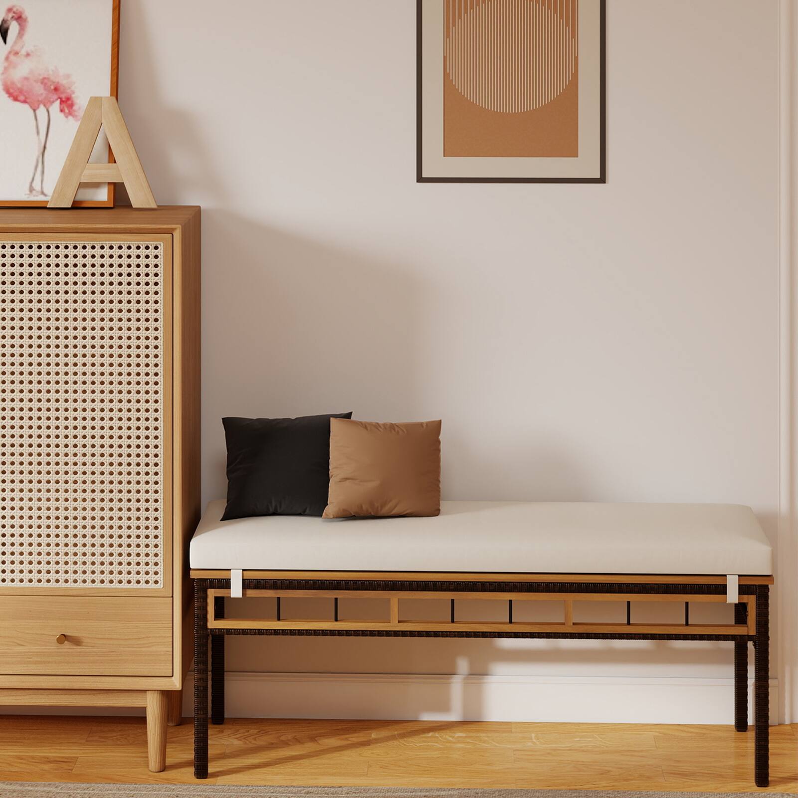 Alt View 1. Gymax - Gymax 2PCS 48'' Wicker Patio Bench w/Acacia Wood Seat Removable Padded Cushion for Deck White Outdoor - White.