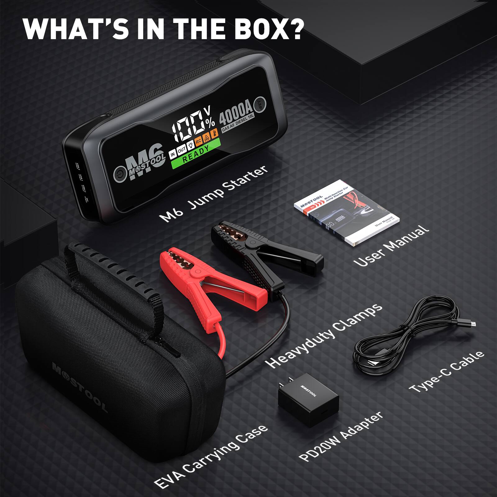WHAT'S IN THE BOX?

- 100% 4000A GAS All DIESEL 10L
- M6 Jump Starter
- User Manual
- Heavyduty Clamps
- Type-C Cable
- PD20W Adapter
- EVA Carrying Case