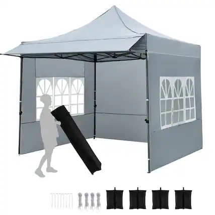 Front. Costway - Costway 10 x 10 FT Pop up Canopy Tent with Sidewalls & Awning, Wheeled Bag, Sandbags, Stake - Gray.