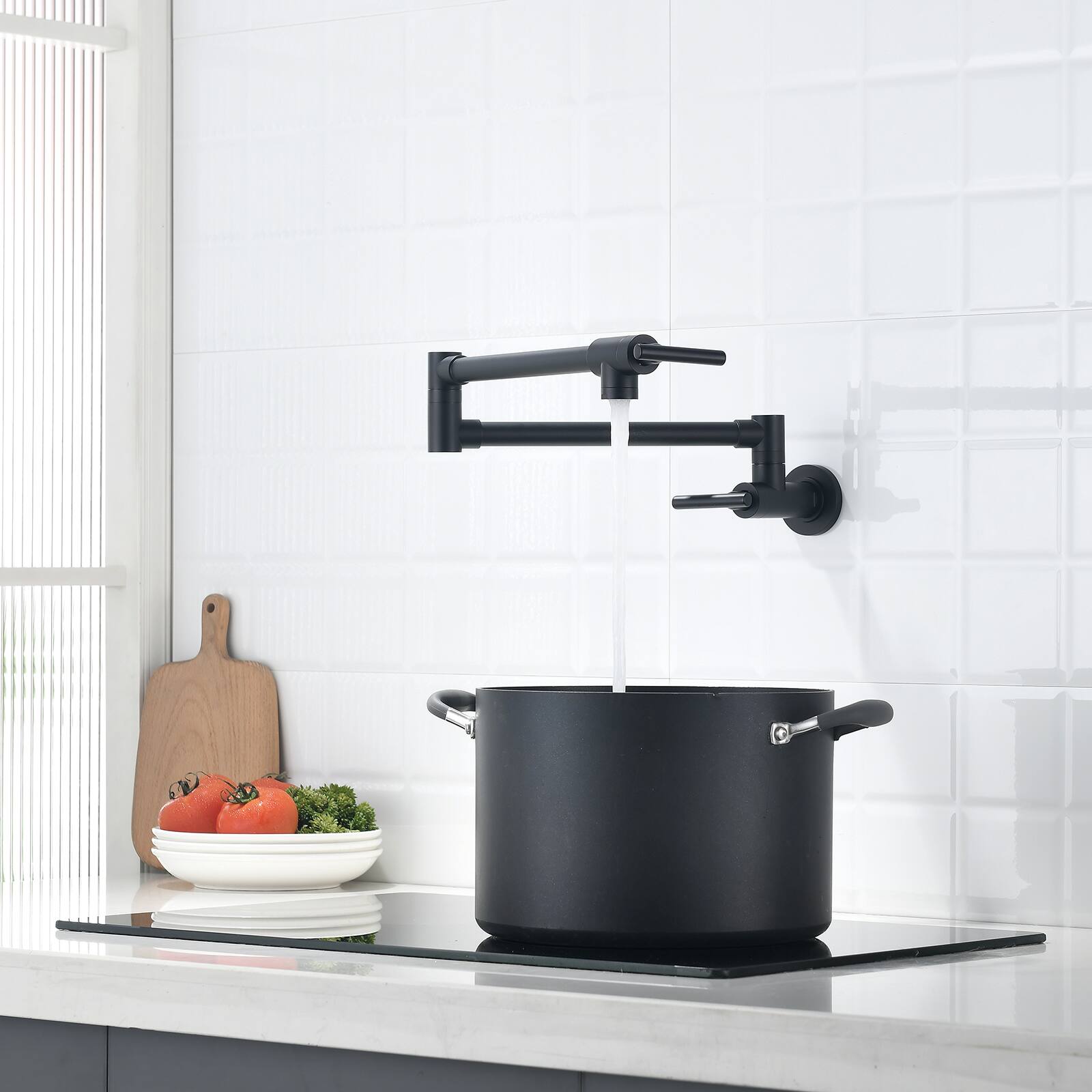 Angle. Siljoy - Brass Pot Filler Wall Mount Commercial Faucet Kitchen Coffee Machine Folding Faucet with Stretchable Joint Swing Arms - Black.