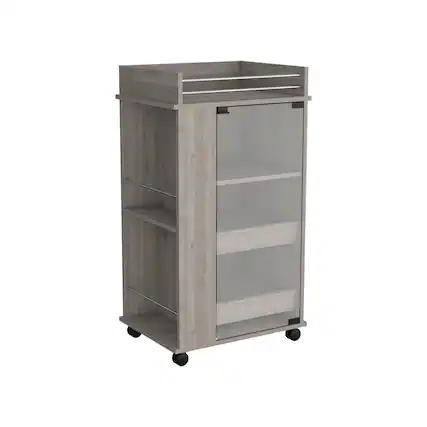 Front. TuHome - Baltimore Bar Cart with Casters, Glass Door, 2-Side Shelf, Living Room or Bar Room - Light Gray.