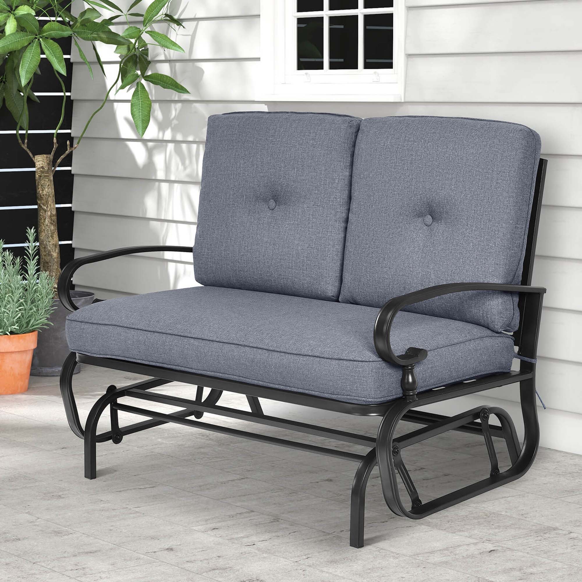 Alt View 7. Costway - Glider Outdoor Patio Rocking Bench Loveseat Cushioned Seat Steel Frame - Grey.