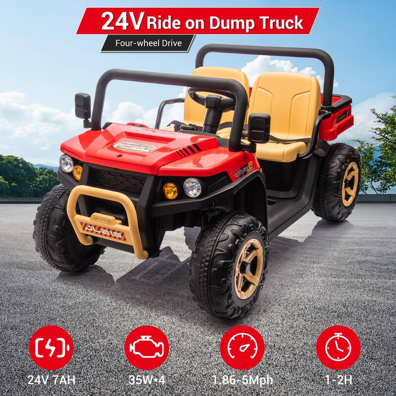 24V Ride on Dump Truck
Four-wheel Drive
24V 7AH
35W*4
1.86-5Mph
1-2H