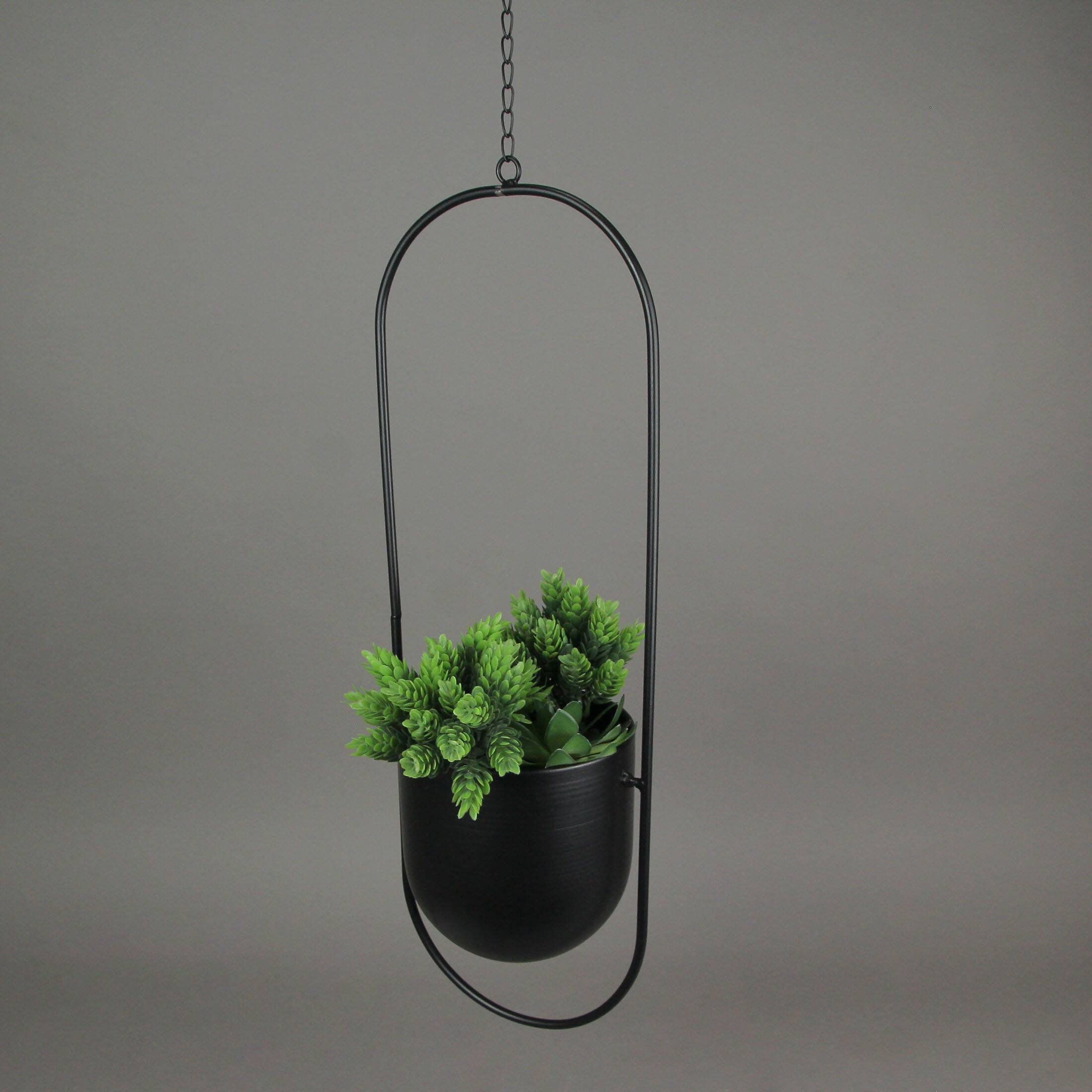 Alt View 3. Audrey's - Black Metal Hanging Planter Indoor Outdoor Flower Pot Minimalist Oval Decor - Black.