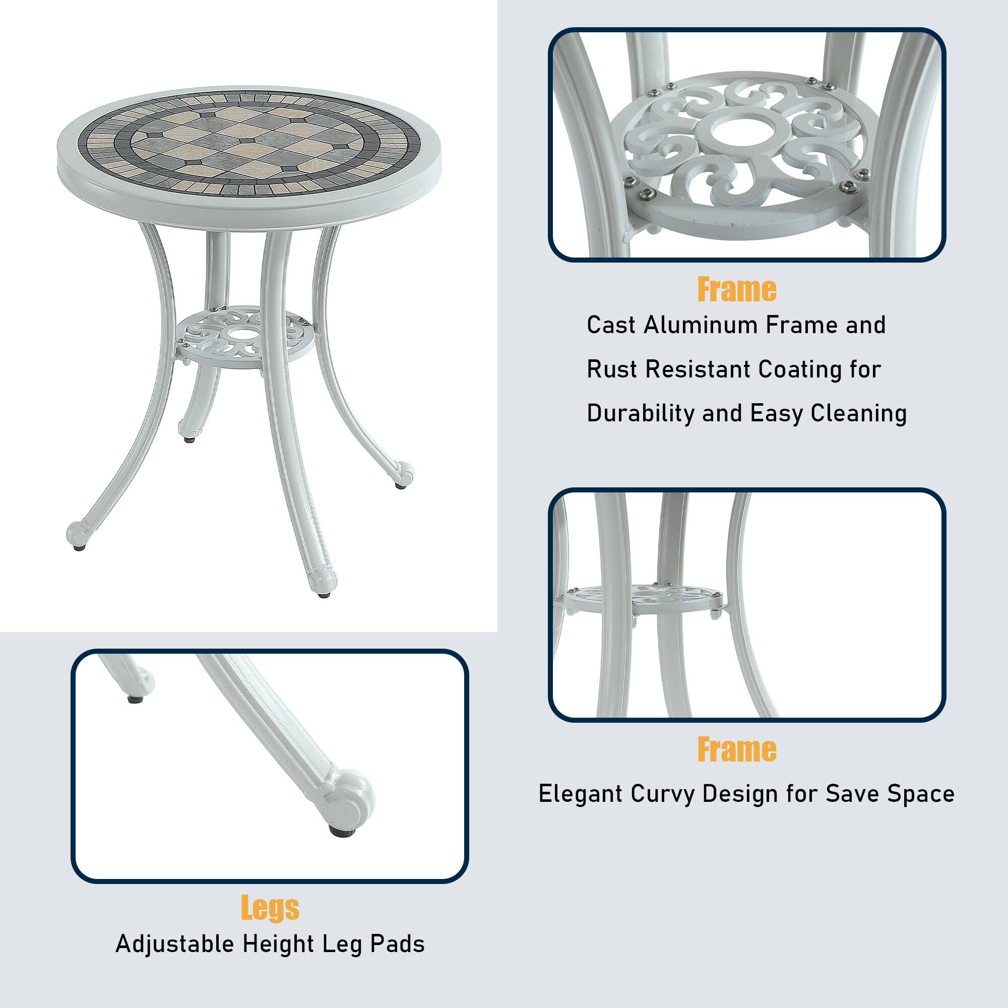 - Frame: Cast Aluminum Frame and Rust Resistant Coating for Durability and Easy Cleaning
- Frame: Elegant Curvy Design for Save Space
- Legs: Adjustable Height Leg Pads