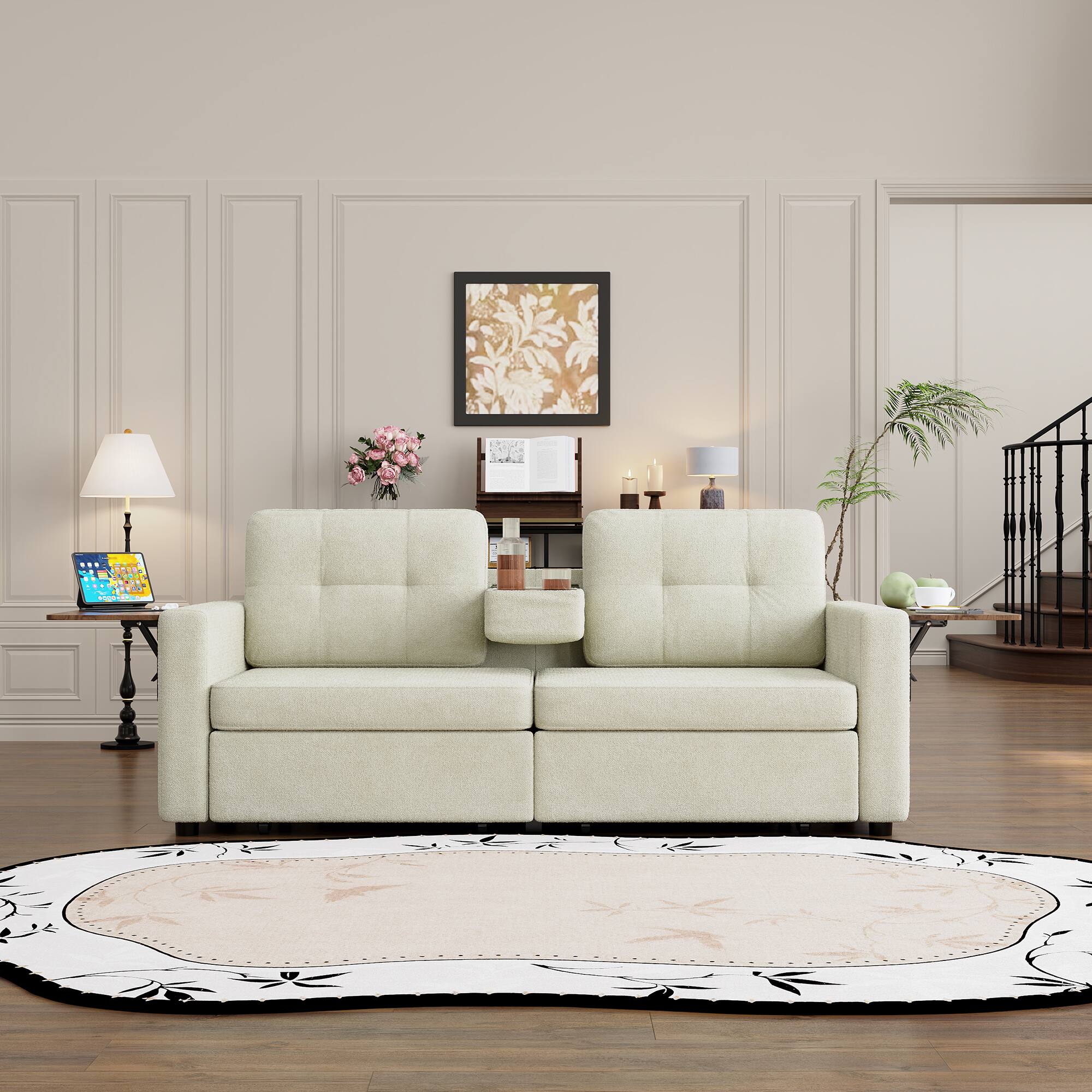 Angle. Anysun - 70.08" Chenille Fabric Loveseat Sofa with Pull-Out Storage Drawers, Foldable Side Tables & Cup Holder Console - Beige.