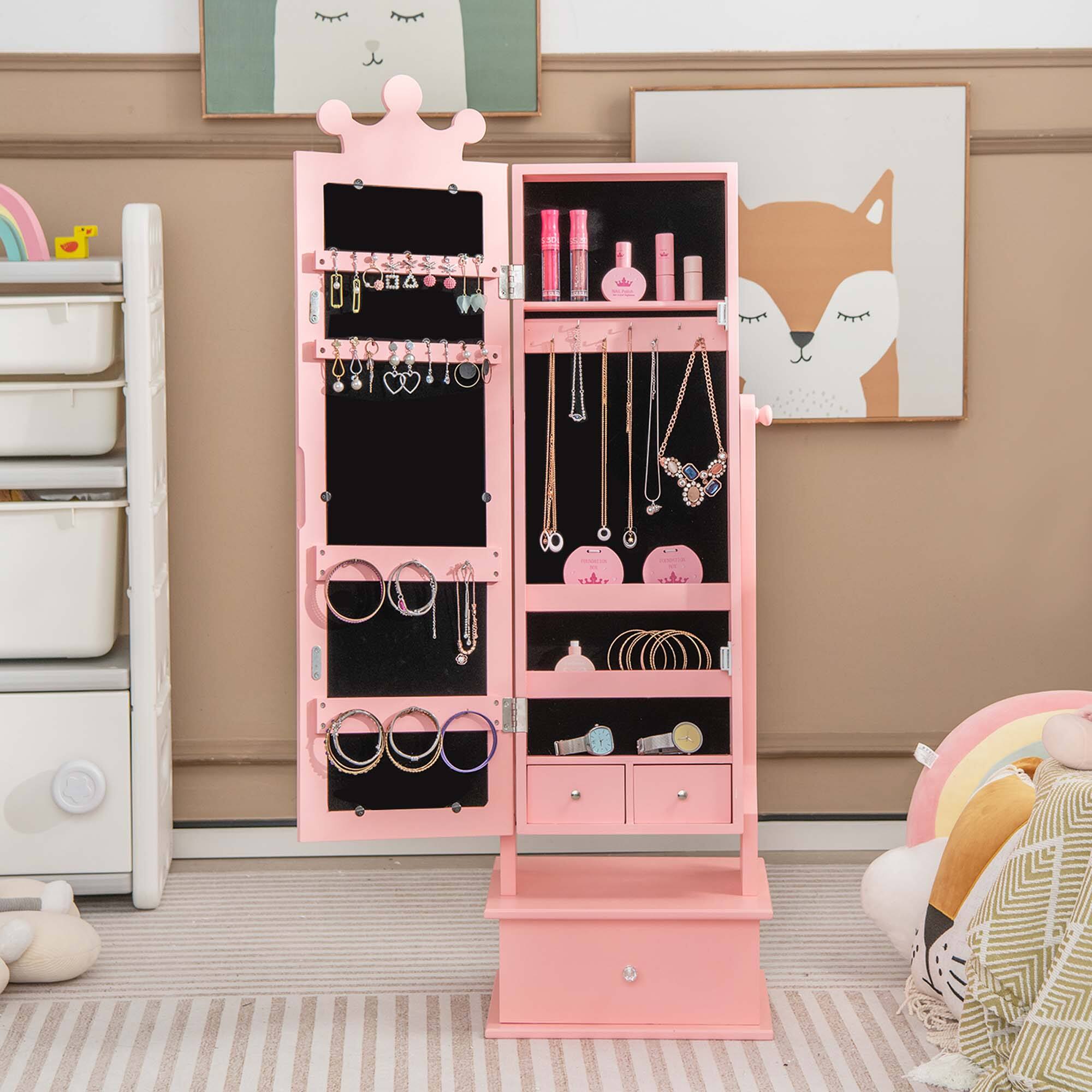 Alt View 1. Costway - Costway Kid Freestanding Jewelry Armoire 2-in-1 Full Length Mirror Storage Drawer - Pink.