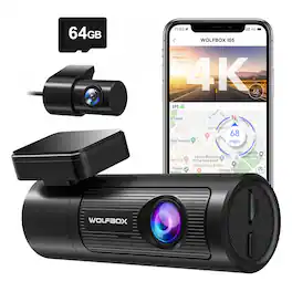WOLFBOX - 4K UHD Front + 1080P Rear Cars Dash Cam, GPS, WiFi, Night Vision, WDR, Free 32G Card, Loop Recording - Black