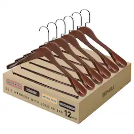 BP4U - 12-Pack Premium Wide Shoulder Wooden Suit Hangers, Solid Wood Clothers Hangers with Locking Bar for Coats - Walnut
