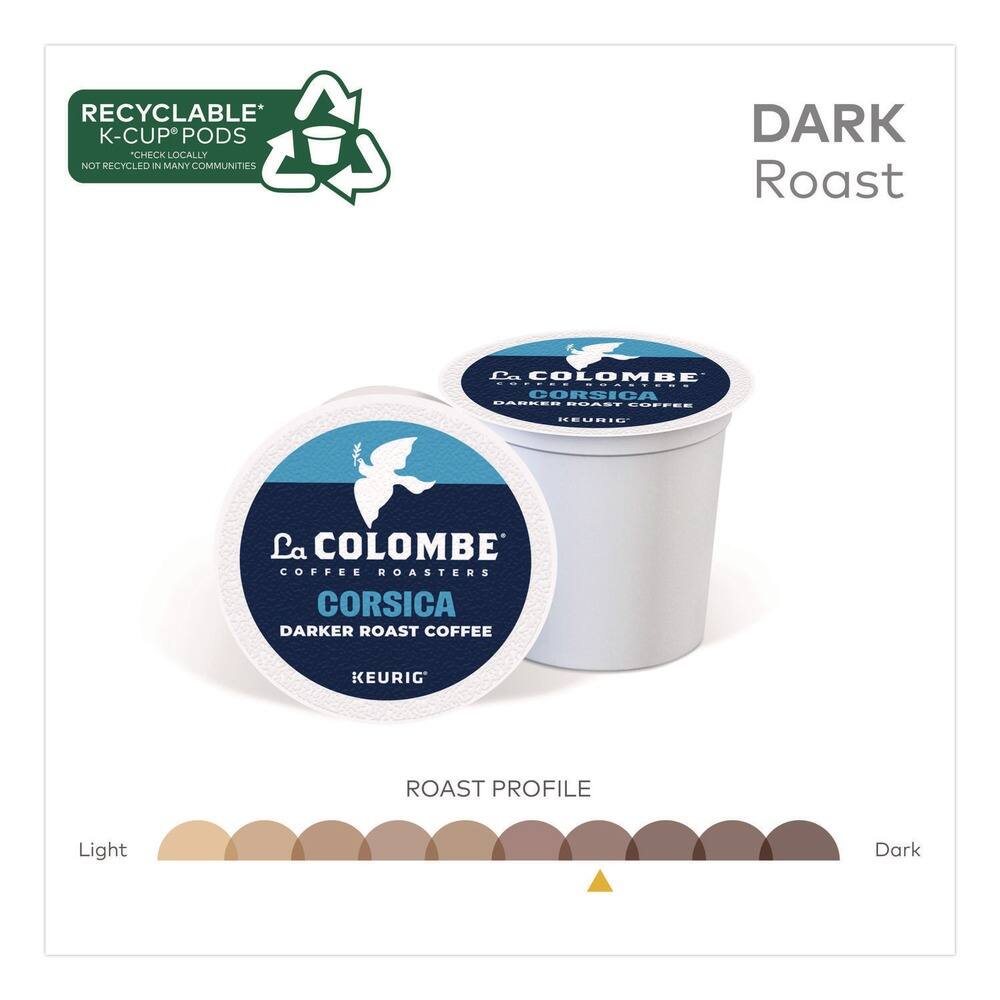 RECYCLABLE* K-CUP® PODS  
CHECK LOCALLY  
NOT RECYCLED IN MANY COMMUNITIES  

DARK Roast  

La COLOMBE  
COFFEE ROASTERS  
CORSICA  
DARKER ROAST COFFEE  
KEURIG®  

ROAST PROFILE  
Light  
Dark