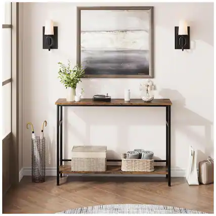 Front. GARVEE - 2 Tier Entryway Table, Console Tables with Storage, Rustic Sofa Table with Adjustable Shelf - Rustic Brown.