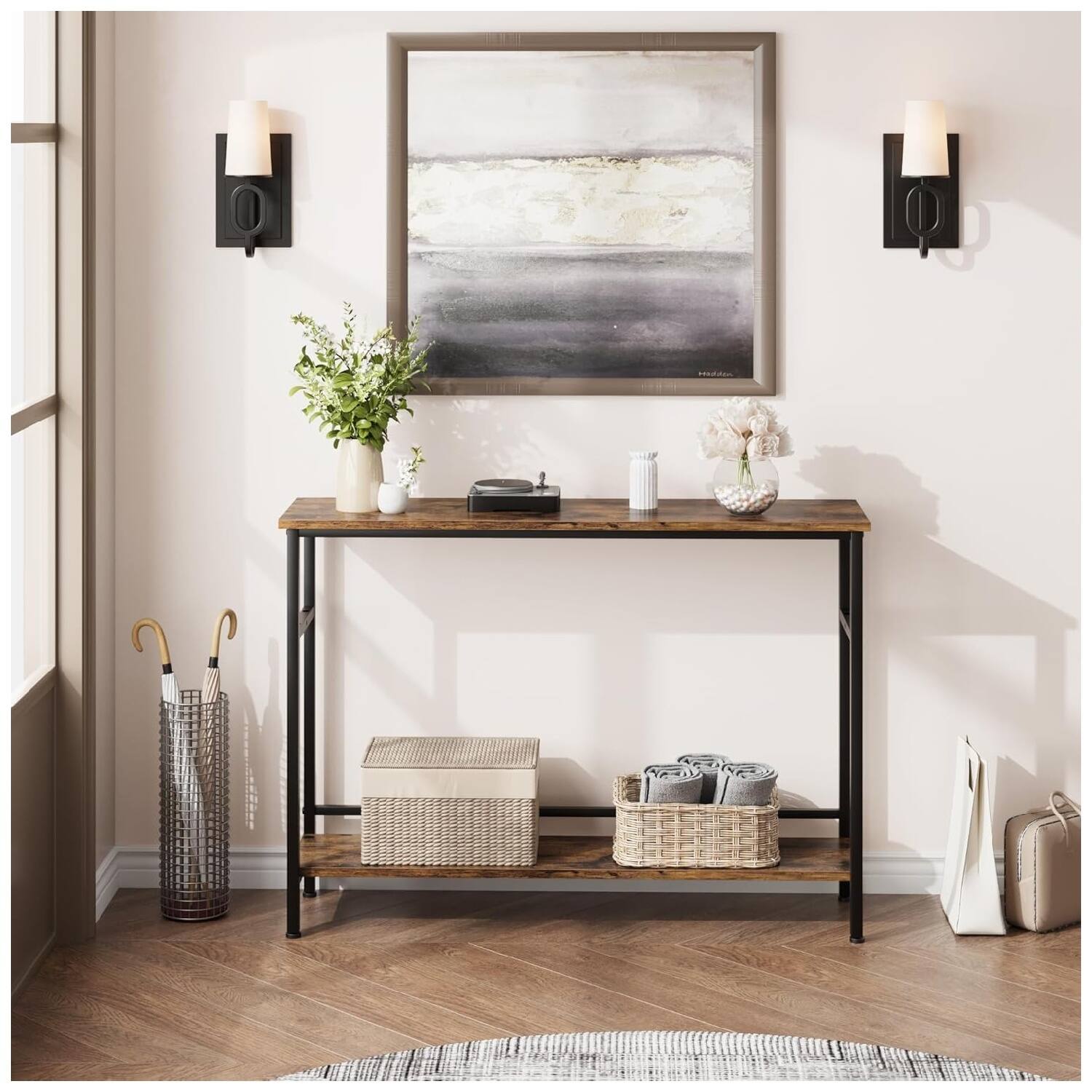 Front. GARVEE - 2 Tier Entryway Table, Console Tables with Storage, Rustic Sofa Table with Adjustable Shelf - Rustic Brown.