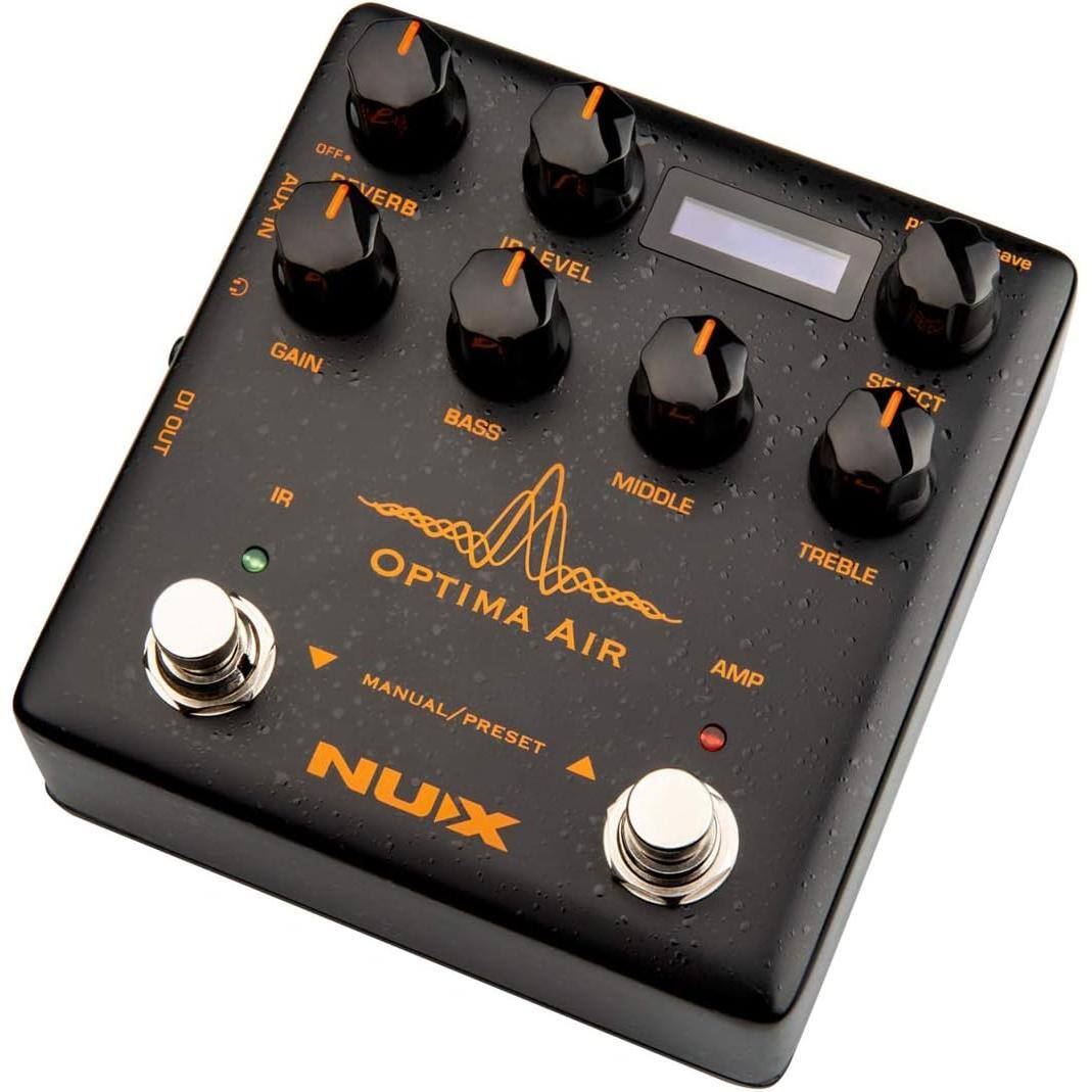 OFF AUX VERB 2 GAIN IP LEVEL DI OUT BASS IR MIDDLE OPTIMA TREBLE AIR AMP MANUAL/PRESET NUX