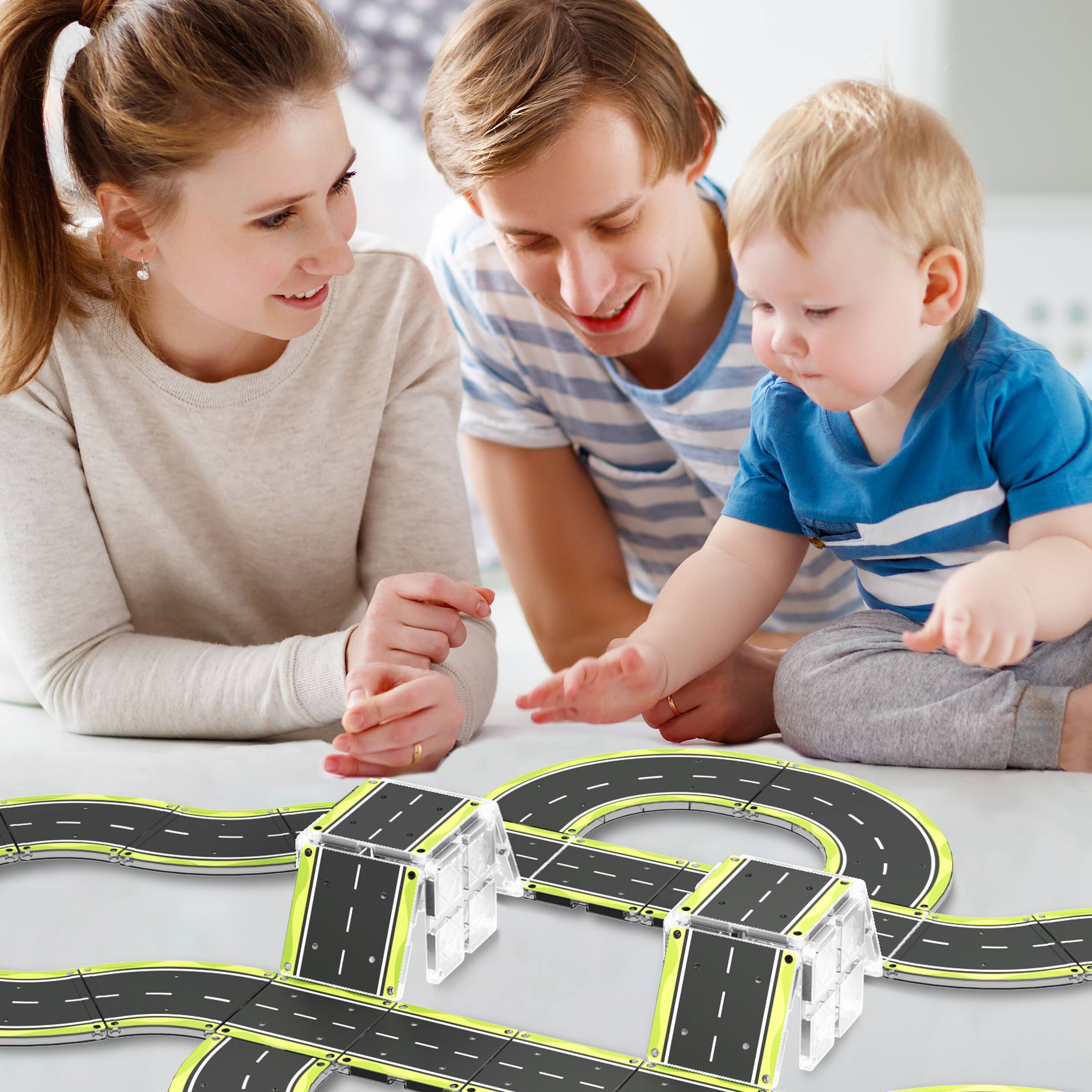 Alt View 3. PicassoTiles - PICASSO-TILES Race Track Highway Magnetic Tiles for Kids, 16PCS Construction STEM Building Blocks Educational Toy.