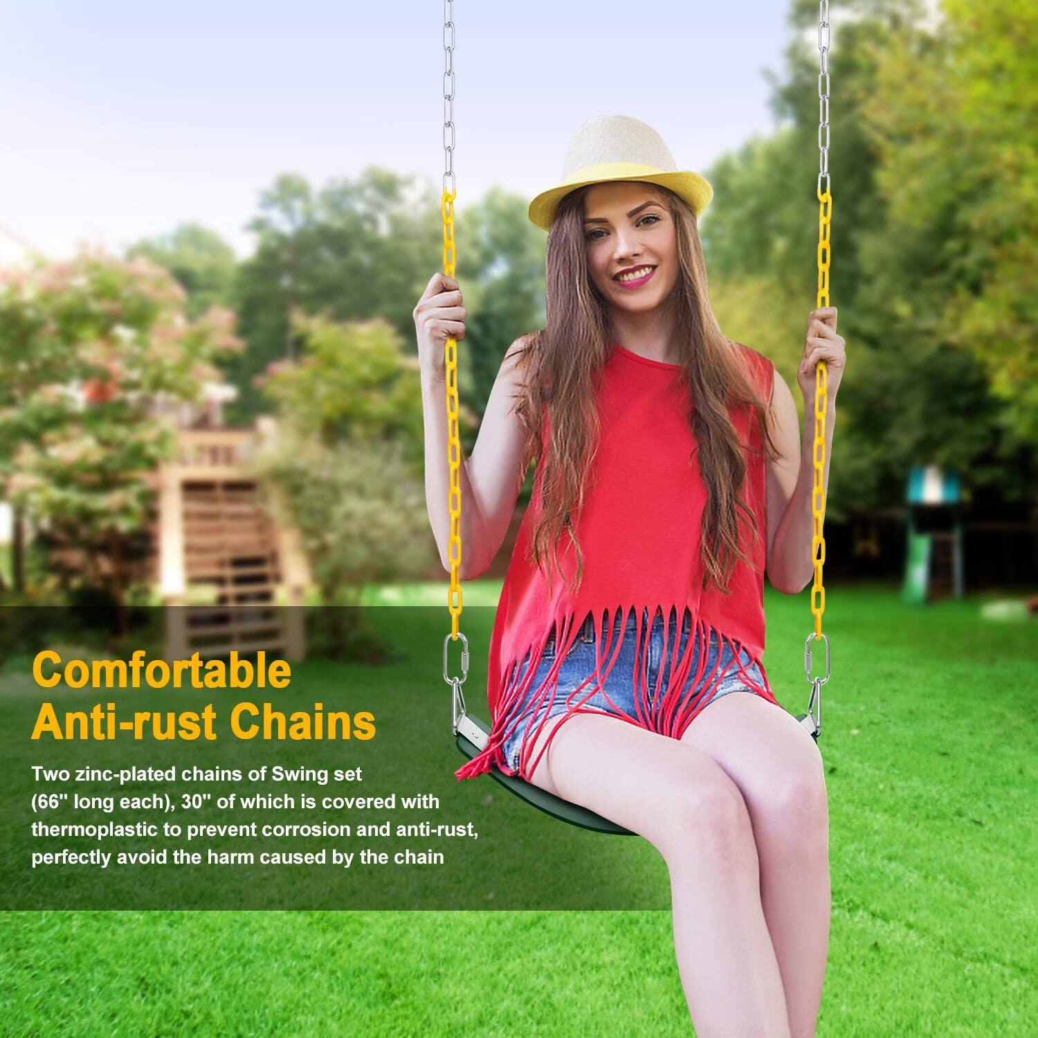 Comfortable Anti-rust Chains

Two zinc-plated chains of Swing set (66" long each), 30" of which is covered with thermoplastic to prevent corrosion and anti-rust, perfectly avoid the harm caused by the chain.