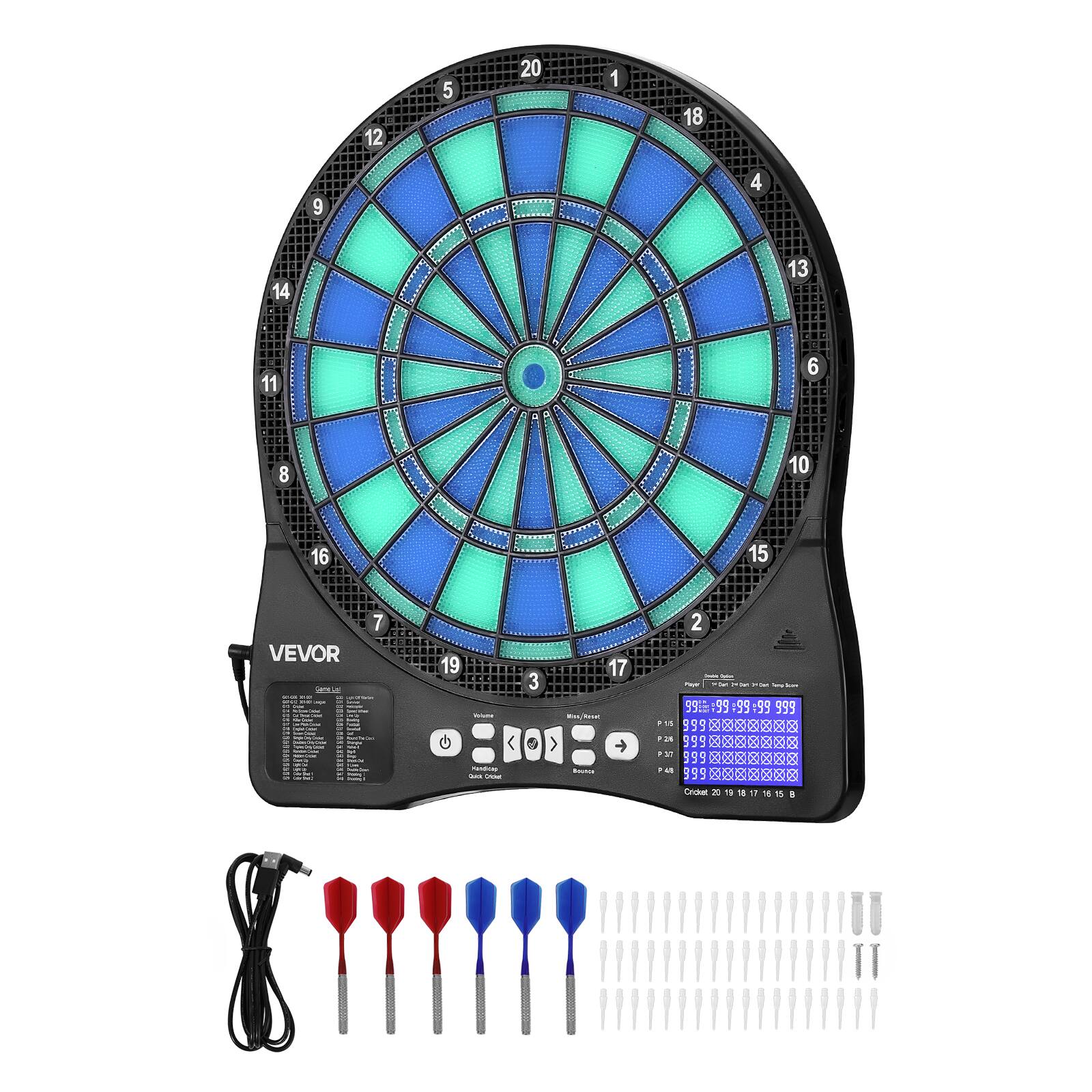 Sure, here is the corrected and grouped text from the image:

---

**VEVOR**

**General LED Darts Board**

**Model: 999-999-999-999**

**Features:**
- 12 5 20 1 18 9 4 14 13 11 6 8 10 16 15 1 17 2 3 7 19

**Dartboard:**
- 20 1 18 1 16 15 14 13 12 11 10 9 8 7 6 5 4 3 2 19 17 15 13 11 9 7 5 3 1

**Scoreboard:**
- 999 999 999 999
- 999 999 999 999
- 999 999 999 999
- 999 999 99