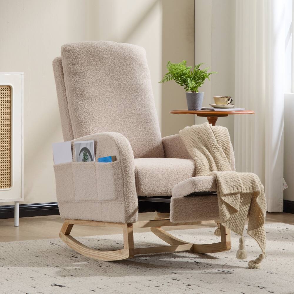 Loheer - Nursery Glider Rocking Chair Breastfeeding Teddy Fleece High Back Rocker with Footrest - Beige