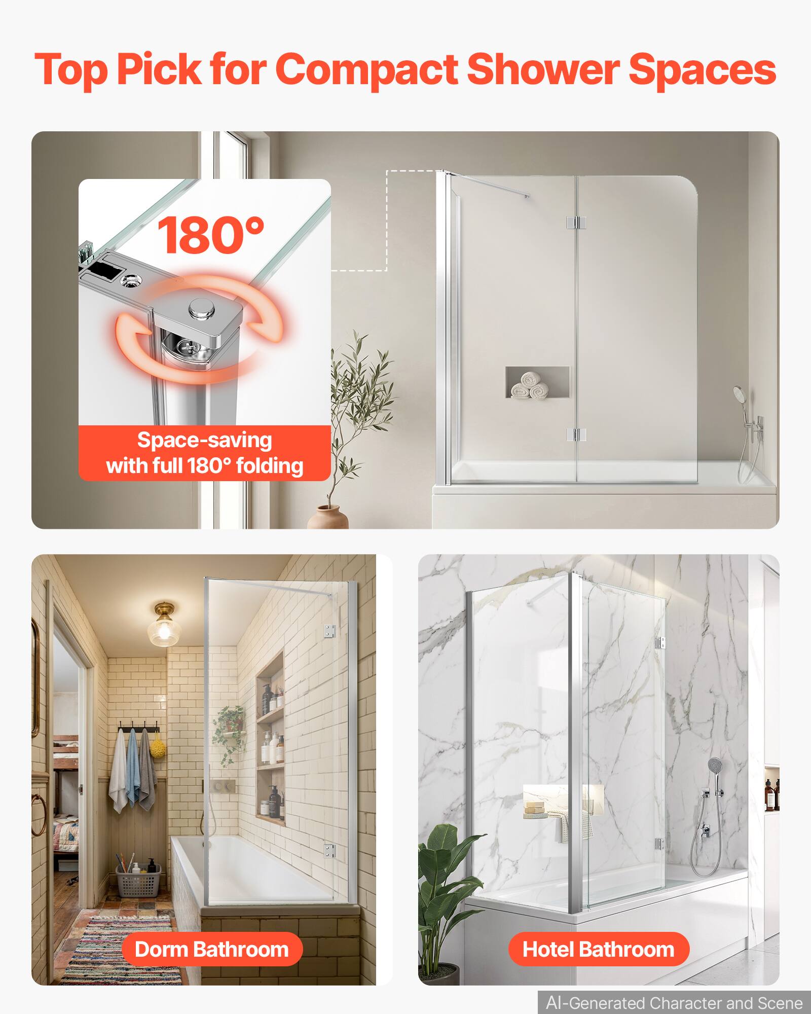 Top Pick for Compact Shower Spaces

180°
Space-saving with full 180° folding

Dorm Bathroom

Hotel Bathroom

AI-Generated Character and Scene