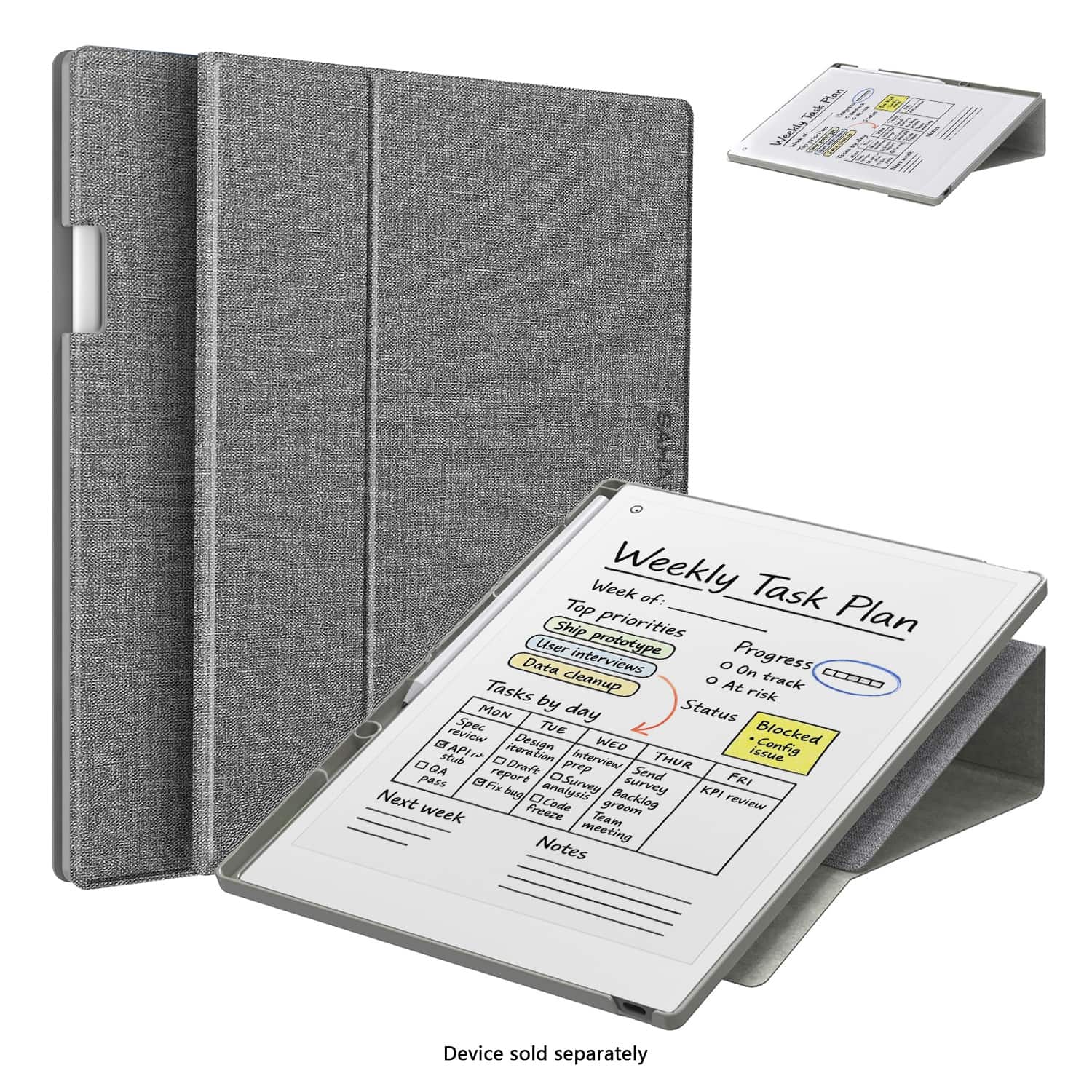 Weekly Task Plan
Week of:
Top priorities
- Ship prototype
- User interviews
- Data cleanup
Progress
- On track
- At risk
Tasks by day
MON
- Design spec
- BAPI stub
- Pass
TUE
- User interviews
- Data analysis
- Code review
WED
- BAPI stub
- KPI review
- Team meeting
THUR
- Send pass
- Backlog grooming
FRI
- Next week
Status
- Blocked
- Conflicting
- Issue
Notes
Next week
Device sold separately