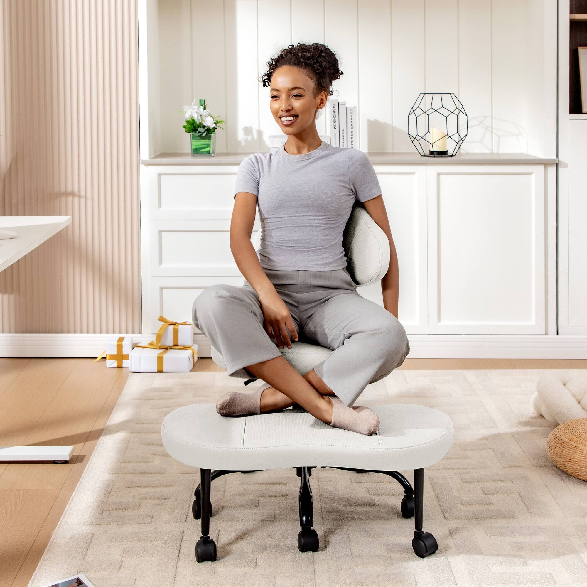 Alt View 4. KERDOM - Ergonomic Cross-Legged Office Chair with Wheels, Meditation & Kneeling Chair for Adult, PU Leather Wide Seat 360° Swivel - White.