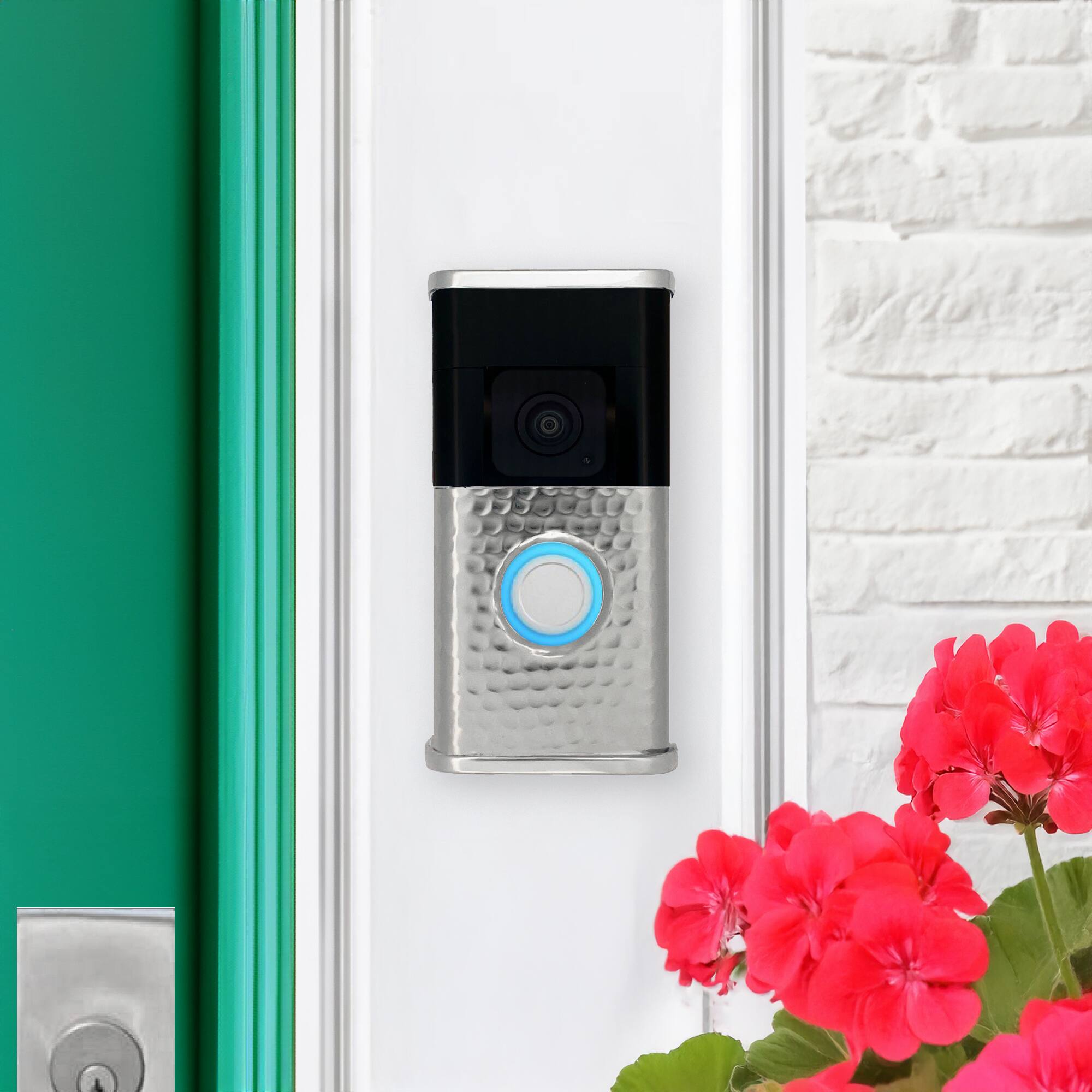 Alt View 3. Michael Healy - Hammered Video Doorbell Cover (Ring 3, 3 Plus, 4, Battery Plus and Battery Pro) - Nickel Silver.