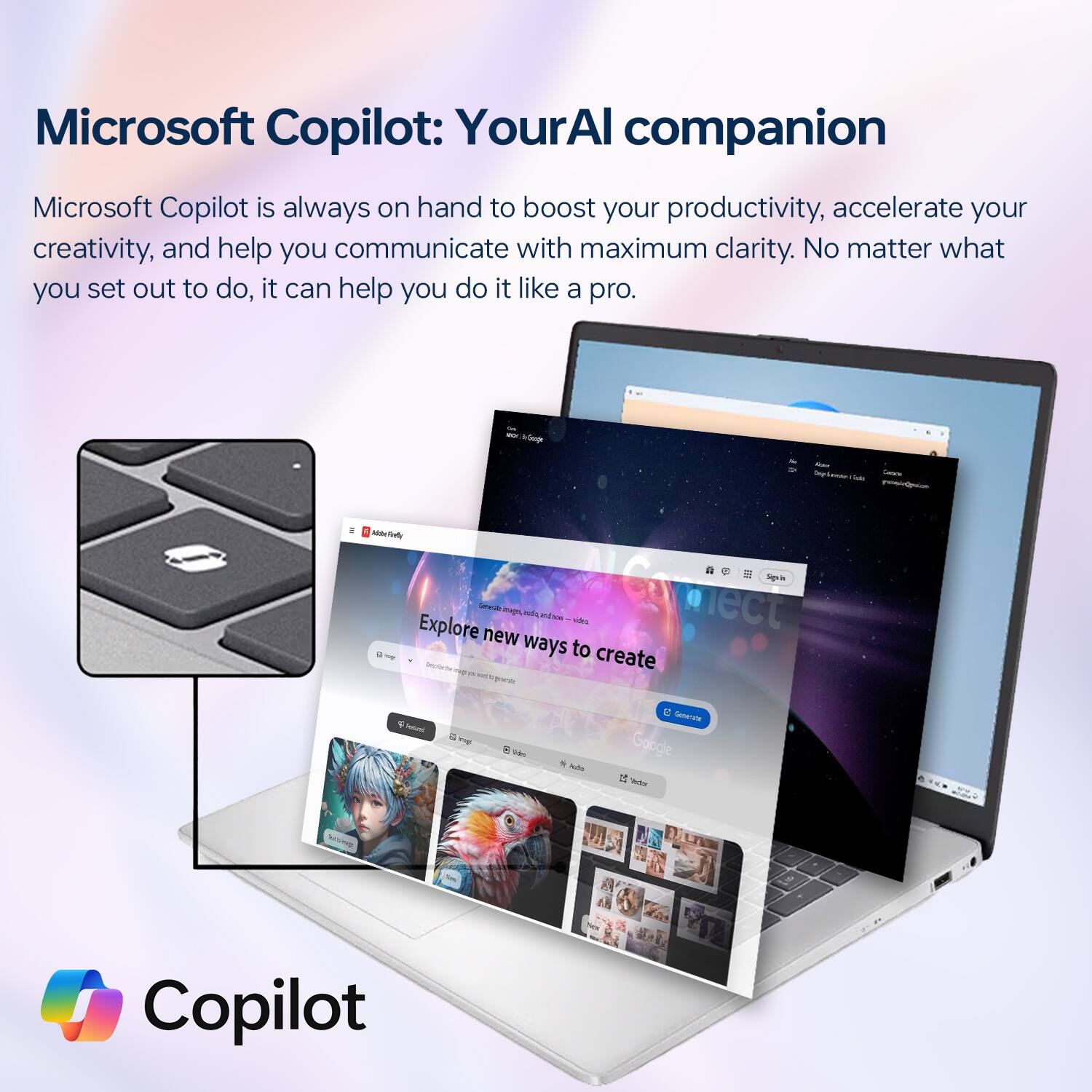 Microsoft Copilot: Your AI companion

Microsoft Copilot is always on hand to boost your productivity, accelerate your creativity, and help you communicate with maximum clarity. No matter what you set out to do, it can help you do it like a pro.

Explore new ways to create

Copilot