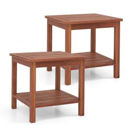 Pefilos - Set of 2 Double-Tier Acacia Wood Patio Side Table with Slatted Tabletop and Shelf, Patio Coffee Table - Brown