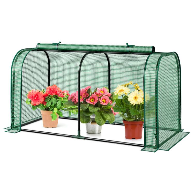 Front. SlickBlue - Outdoor Mini Tunnel Greenhouse for Plants with Zipper Door - Green.