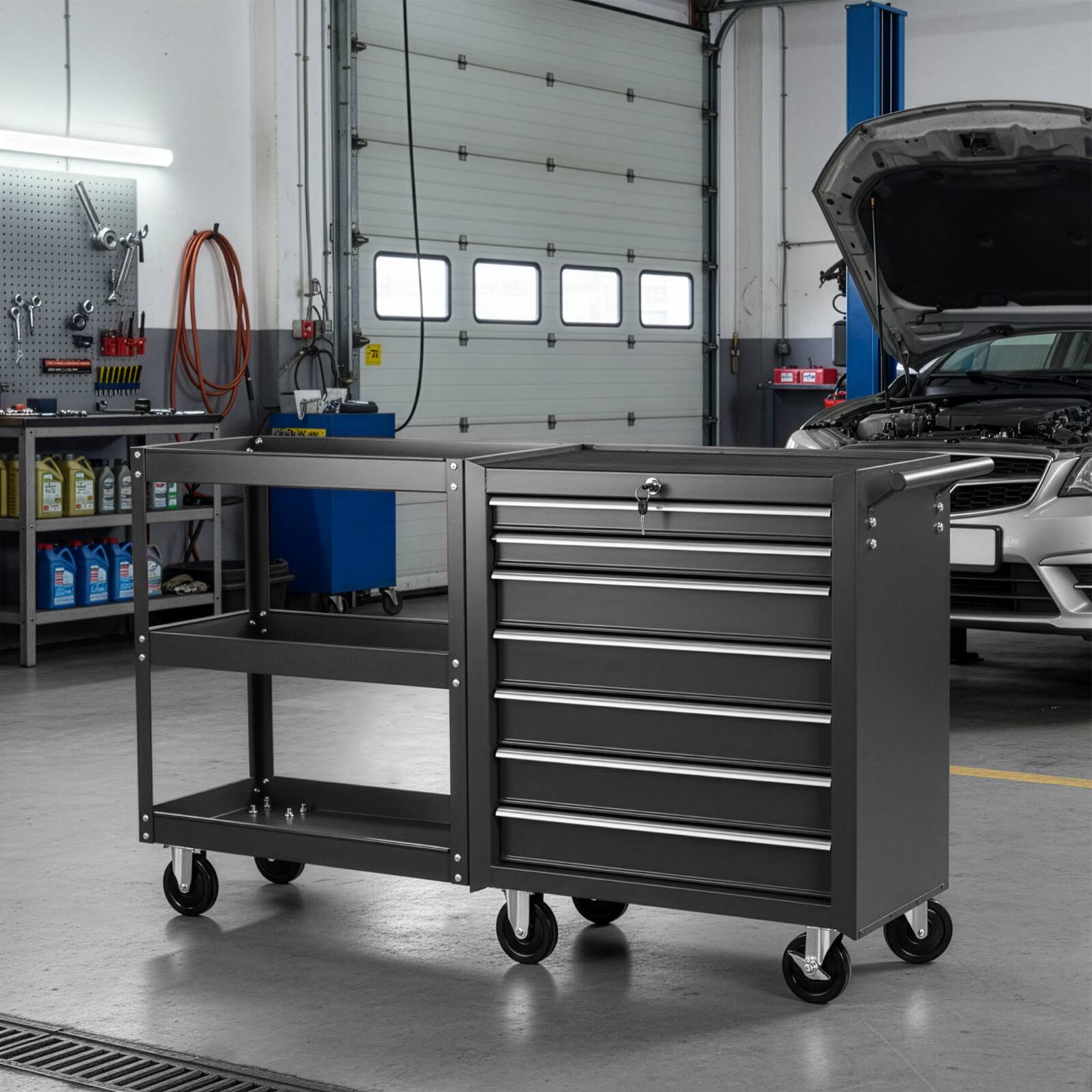 Winado 7 Drawer Tool Chest with Side Shelves, Lock & Key, 6 Wheels