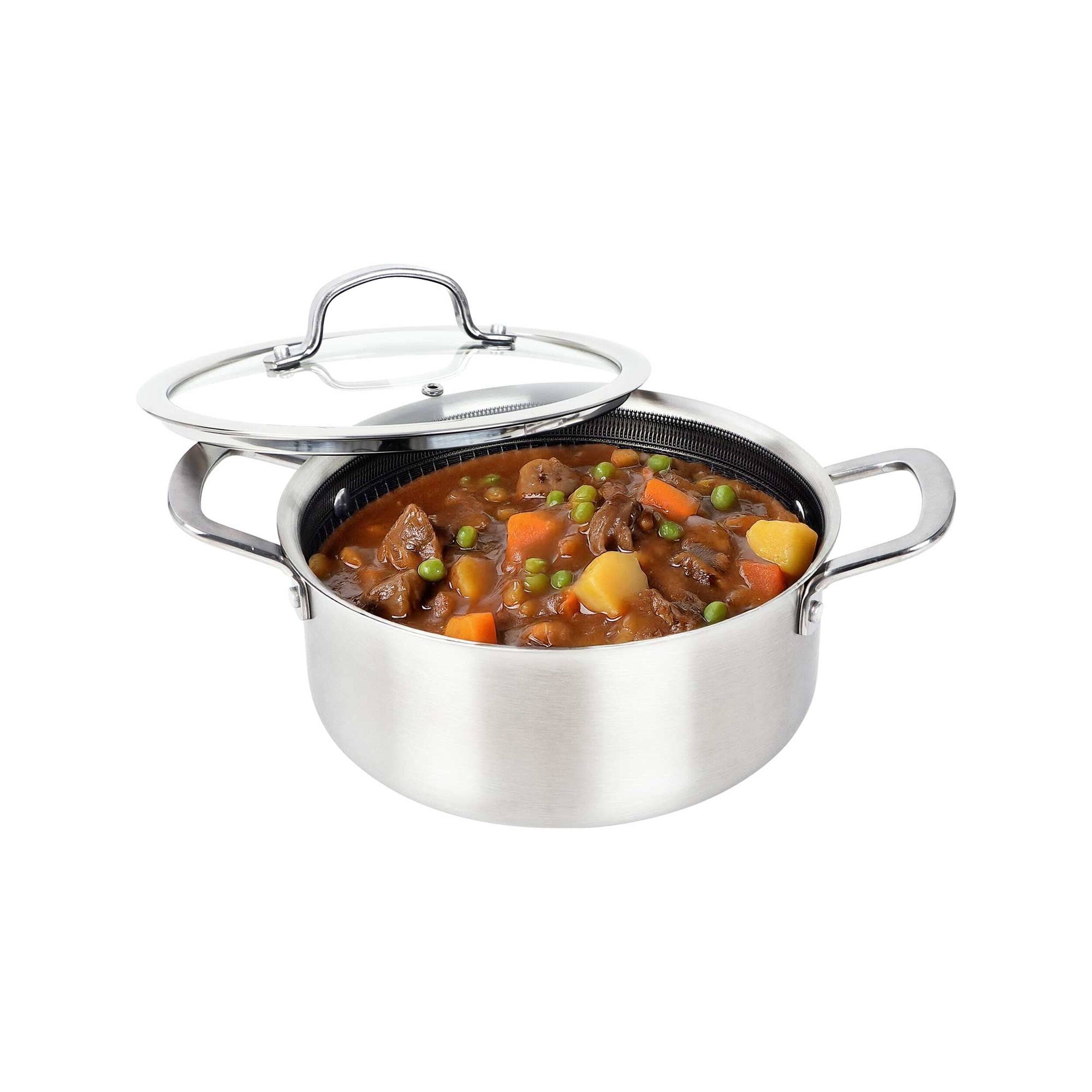 Angle. Brentwood - Brentwood 4 Quart 3-Ply Hybrid Non-Stick Stainless Steel Dutch Oven with Tempered Glass Lid - Silver.