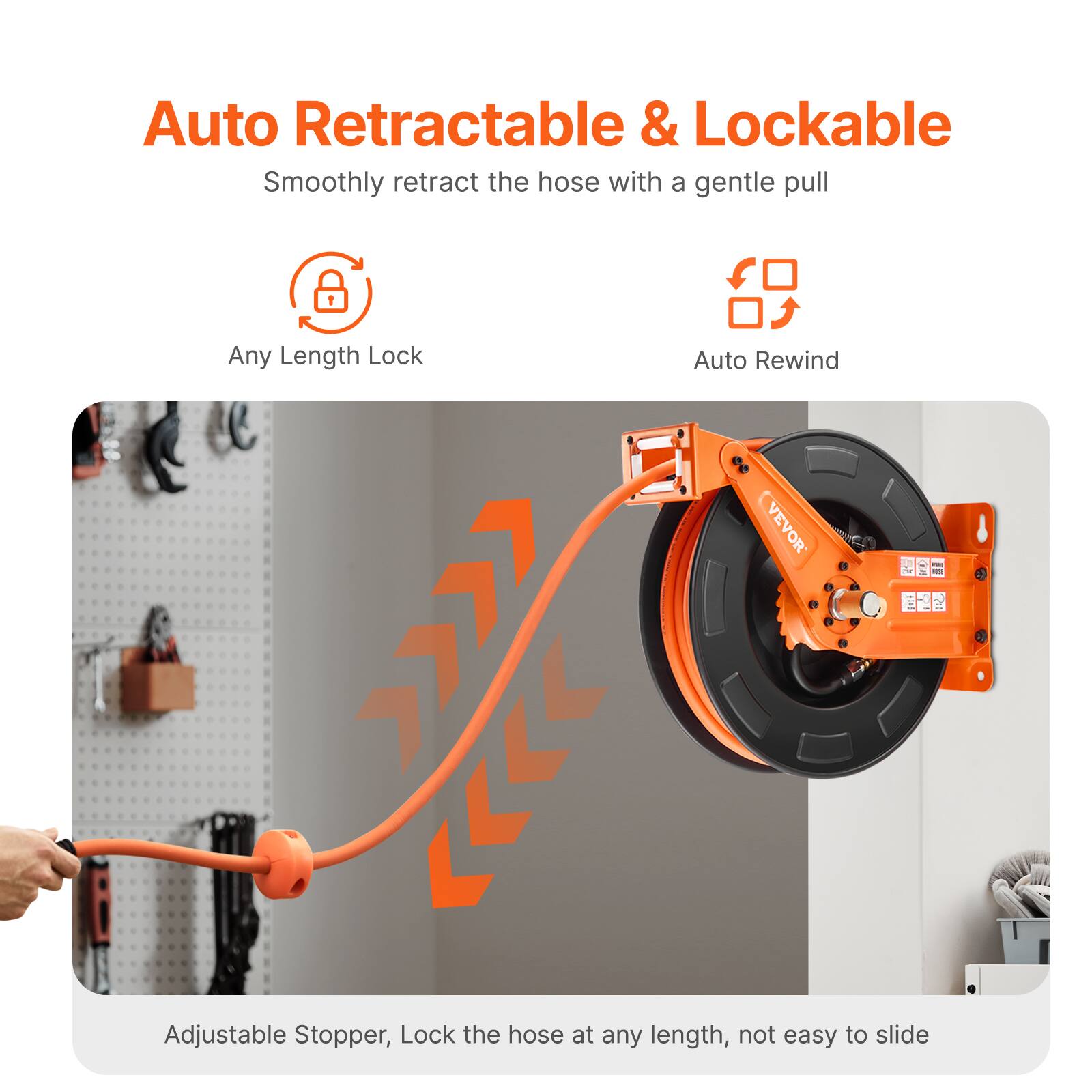 Auto Retractable & Lockable  
Smoothly retract the hose with a gentle pull  

Any Length Lock  
Auto Rewind  

Adjustable Stopper, Lock the hose at any length, not easy to slide