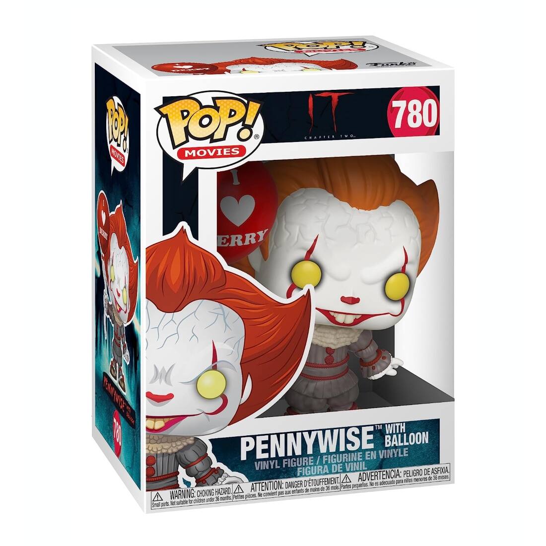 F D C POP! 780 CHAPTER TWO MOVIES D ERRY ENGE 10 | WITH PENNYWISE BALLOON FIGURINE EN VINYLE FIGURE / VINYL FIGURA DE VINIL ASFIXIA ADVERTENCIA: PELIGRO DE A meores d 3e mesen TOUFFEMENT adeouade para ne ATTENTION: DANGER pequetas to  mons dE 3 nois Partes HAZARO RS entars 9 A WARNING: CHOXING Pettes pices  convient M childen undes 3 monts tot nothitsie  Smal pUS