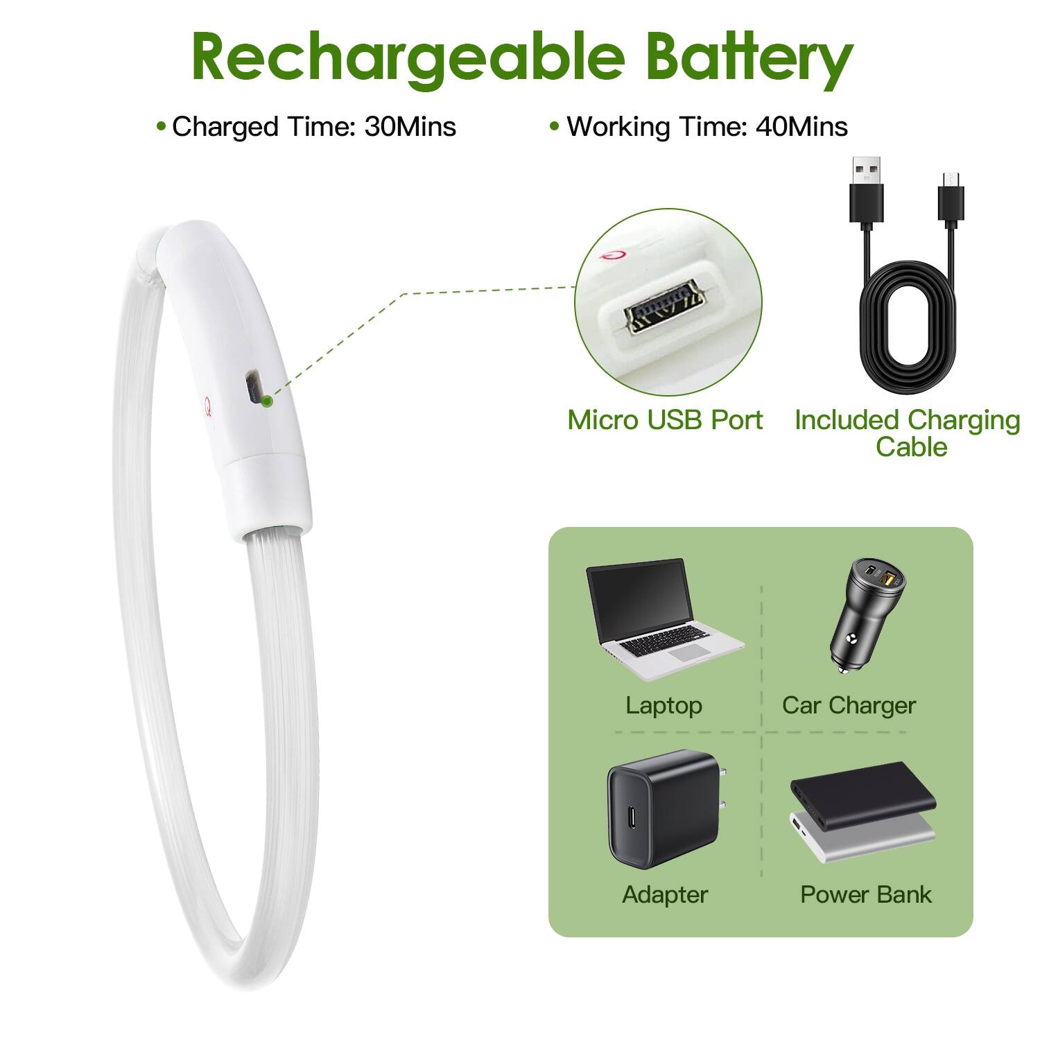 Rechargeable Battery  
- Charged Time: 30Mins  
- Working Time: 40Mins  

Micro USB Port Included Charging Cable  
Laptop Car Charger Adapter Power Bank