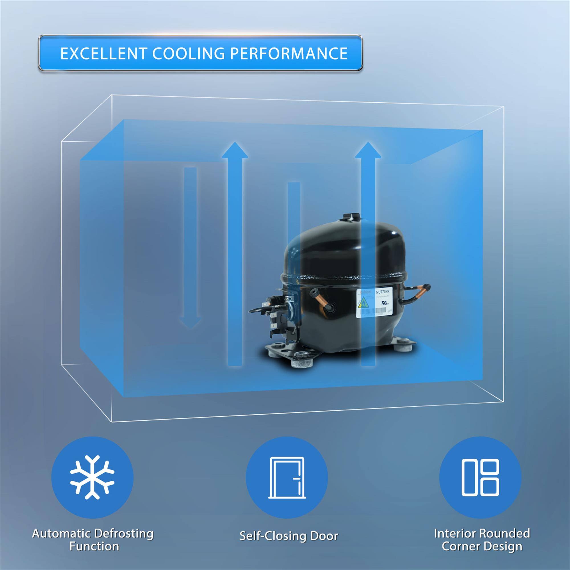 EXCELLENT COOLING PERFORMANCE

- Automatic Defrosting Function
- Self-Closing Door
- Interior Rounded Corner Design