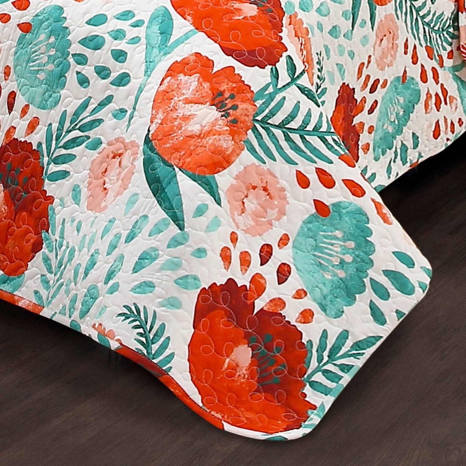 Alt View 1. Hivvago - Full/Queen Red Poppy Flower White Teal Lightweight 3 Piece Cotton Quilt Set - Red Poppy Flower White.