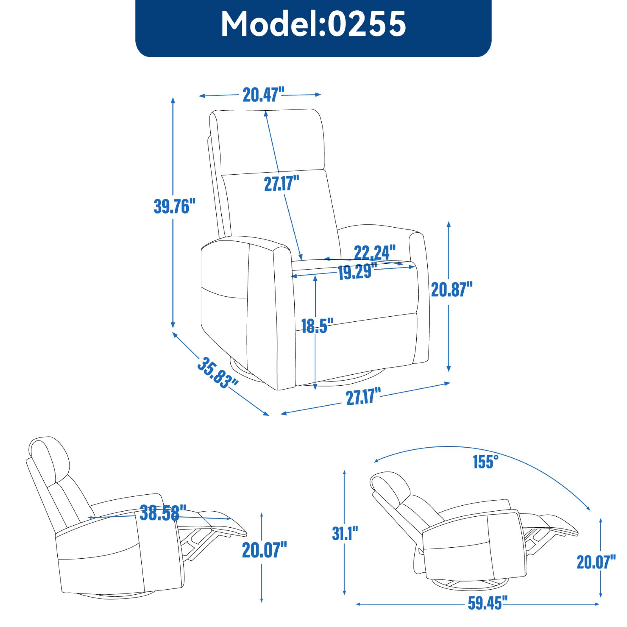 Model: 0255

- Width: 20.47"
- Depth: 39.76"
- Height: 27.17"
- Seat Height: 18.5"
- Seat Depth: 27.17"
- Back Height: 20.87"
- Back Width: 22.24"
- Armrest Height: 19.29"
- Armrest Width: 20.87"
- Seat Width: 35.83"
- Seat Base Width: 38.58"
- Seat Base Depth: 20.07"
- Seat Base Height: 31.1"
- Seat Base Width: 59.45"
- Seat Base Depth: 20.07"
- Seat Base Height: 155°