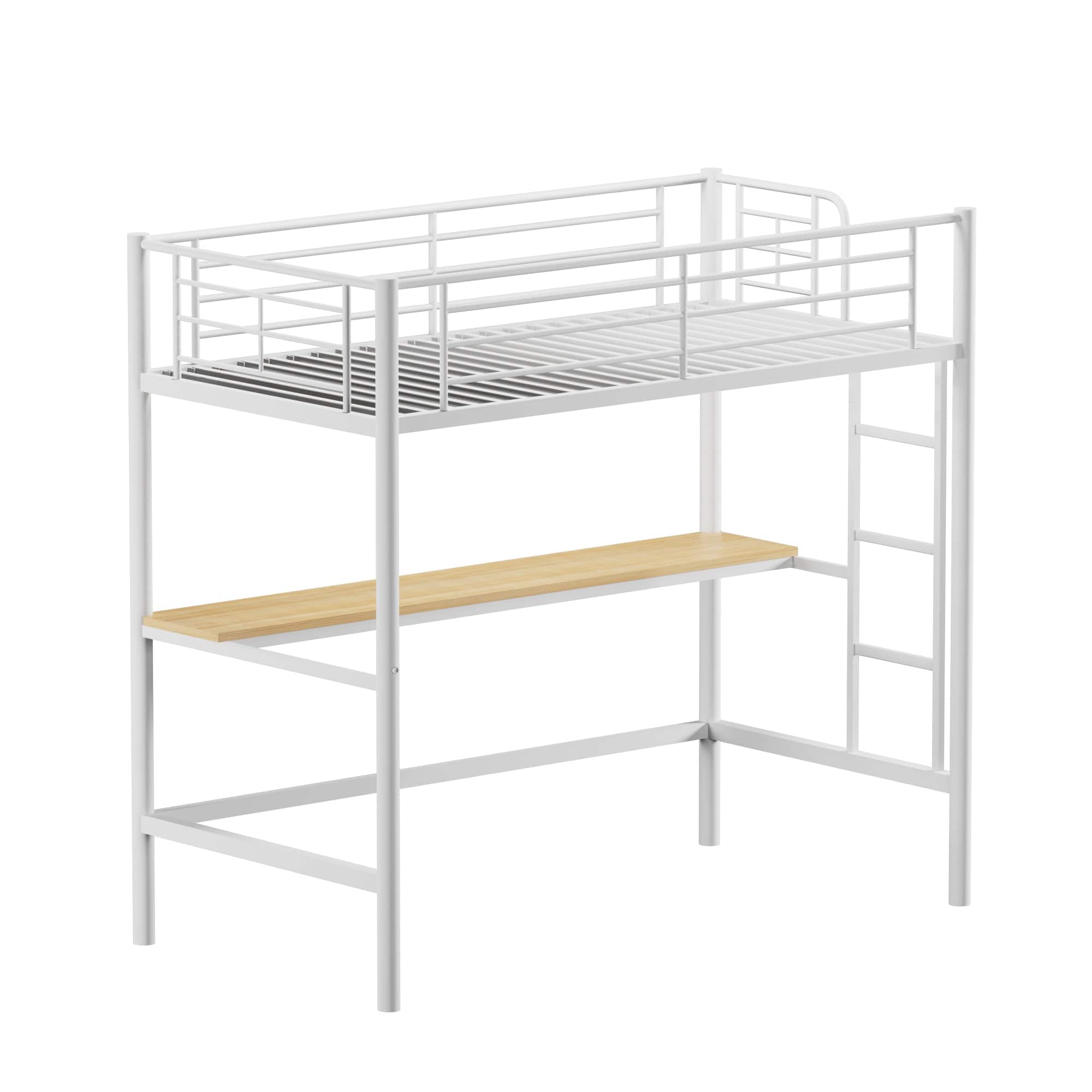 Vecelo - Twin Loft Bed with Desk, Metal Frame with Guardrails, Noise-Free Slats, Reversible Ladder, Space-Saving Design - Nature White