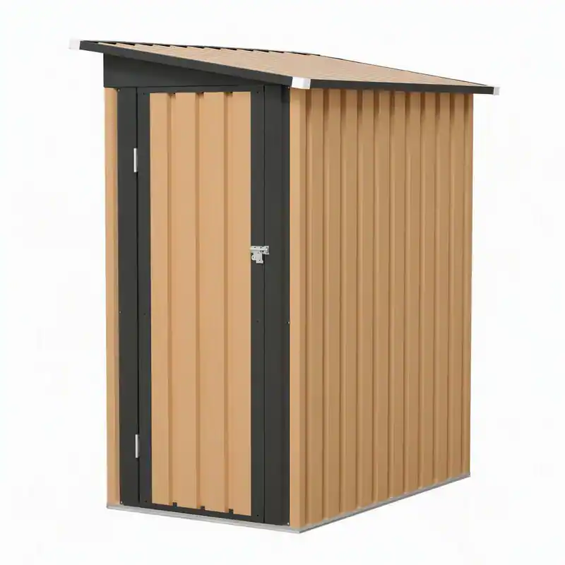 Front. RYHNUYNE - 4.27 x 2.43 FT Heavy Duty Pent Roof Metal Storage Shed,Weatherproof Outdoor Garden Shed for Backyard Patio - Black+Brown.