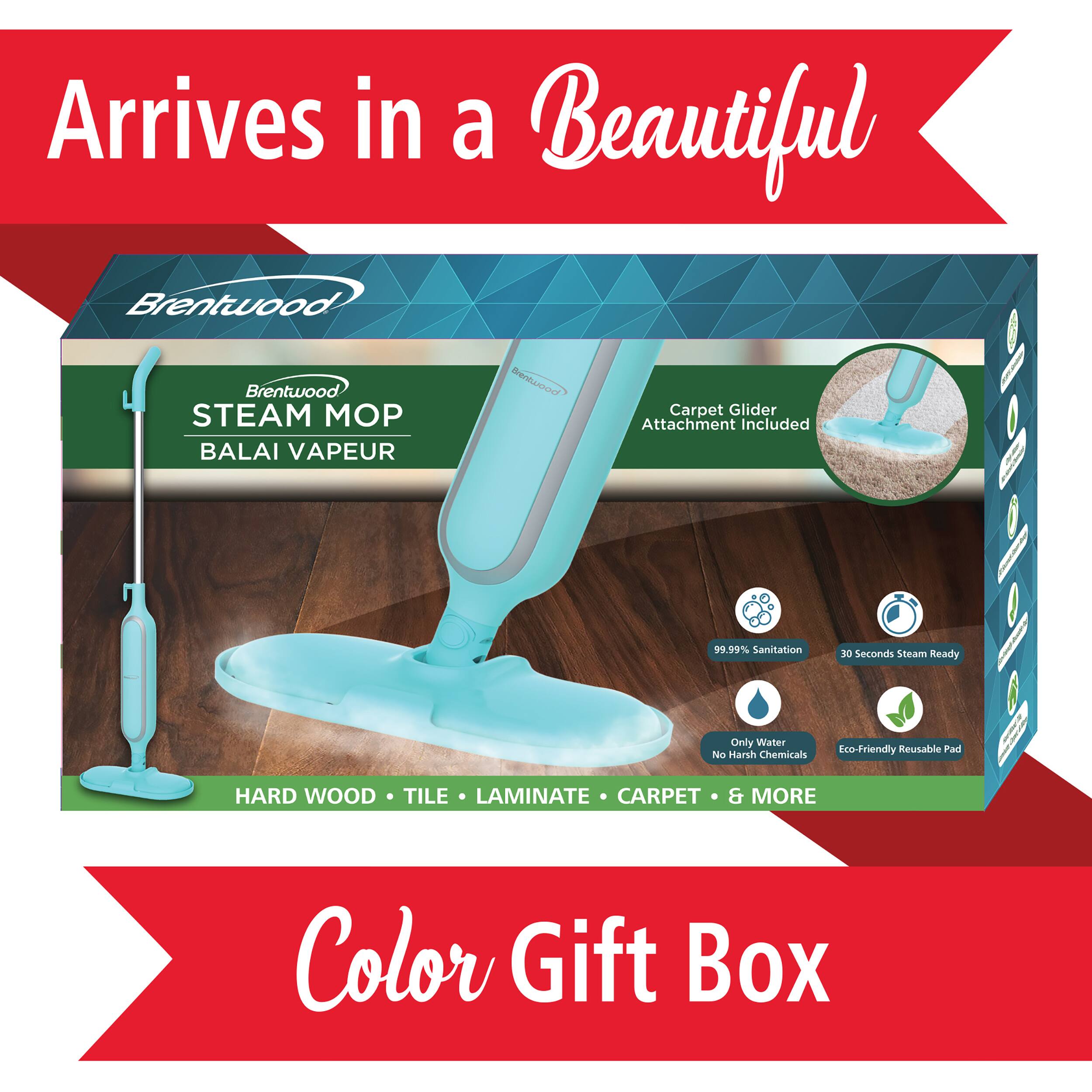 Brentwood STEAM MO BALAI VAPEUR, Arrives in a Beautiful, Brentwood, Carpet Glider Attachment Included, 99.99% Sanitation, 30 seconds Steam Ready, Only Water, Eco-Friendly Reusable Pad, No Harsh Chemicals, HARD WOOD TILE LAMINATE CARPET & MORE, Color Gift Box
