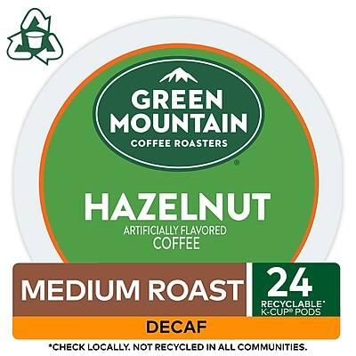 GREEN MOUNTAIN COFFEE ROASTERS  
HAZELNUT  
ARTIFICIALLY FLAVORED COFFEE  
MEDIUM ROAST  
24 RECYCLABLE* K-CUP PODS  
DECAF  
*CHECK LOCALLY. NOT RECYCLED IN ALL COMMUNITIES.
